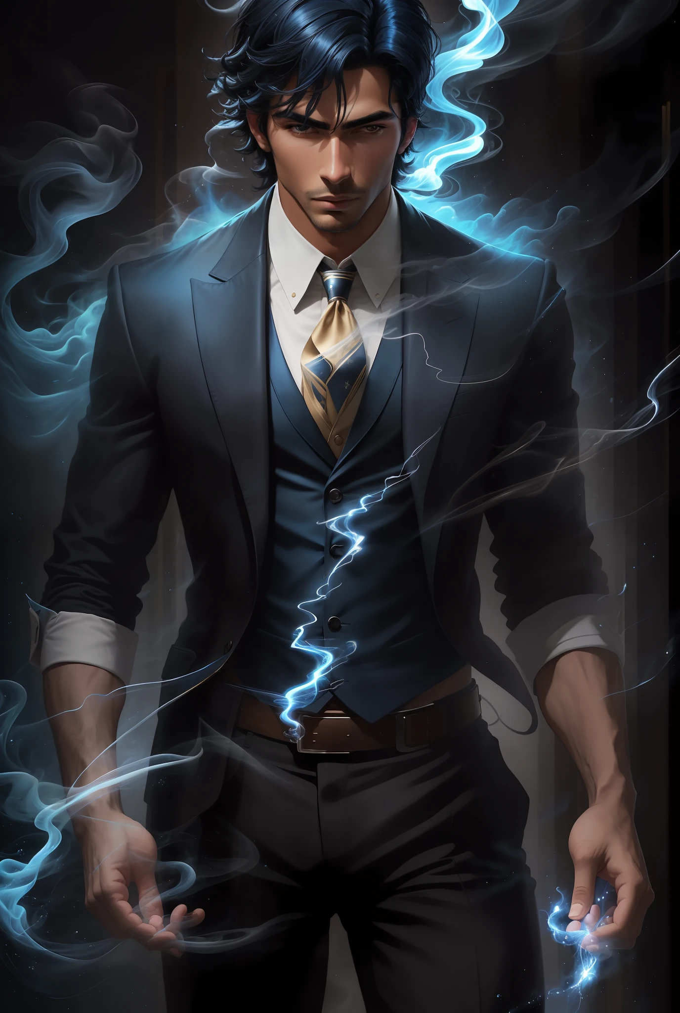 Masterpiece, top quality, black hair, blue lightning, pointing the finger at yourself. Magic. Another world. Blue smoke billows. Handsome. Handsome man. Cool. A man in his 20s.