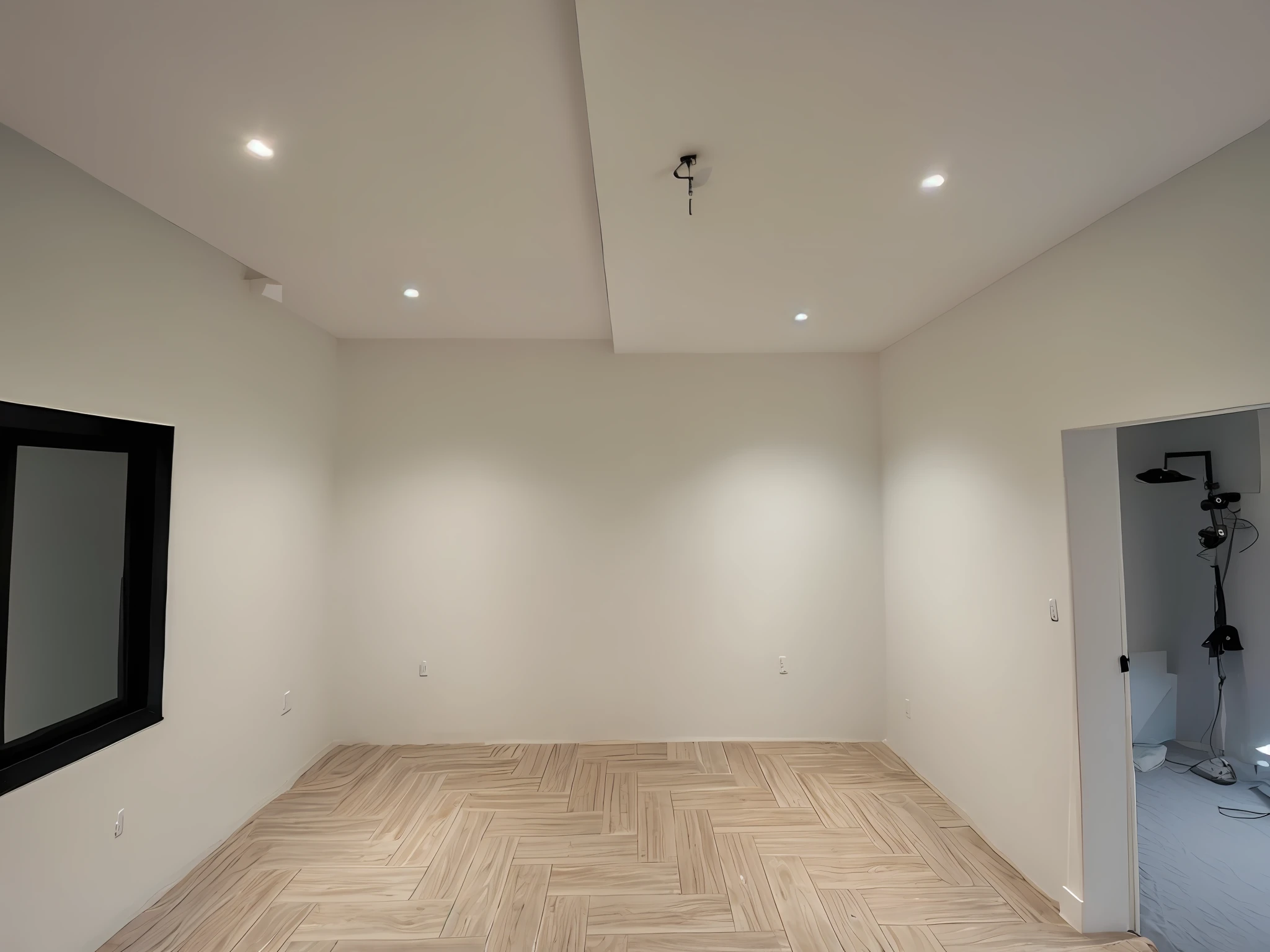 a view of a bedroom with a Window and a light on the wall, simple ceiling, ambient lighting from top, accent white lighting, very high quality lights, light source from the left, led lights around the place, glowing white accent lighting, white walls, sand - colored walls, white accent lighting, extremely good quality lighting, low ceiling, natural light in room