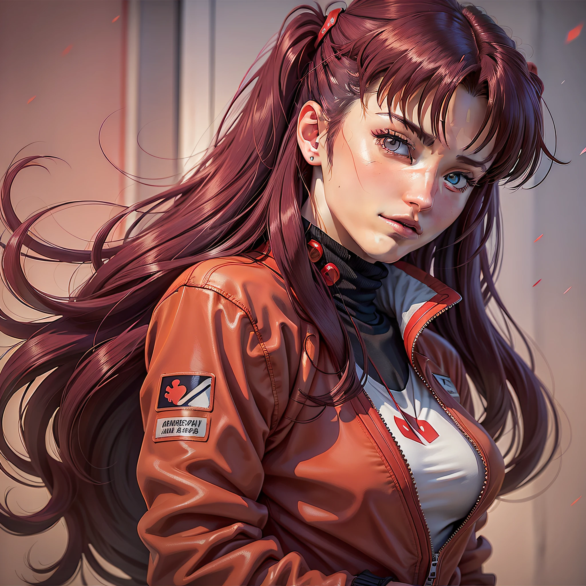 A close-up of a person with long hair and a red jacket, Misato Katsuragi, Beautiful Asuka from Evangelion, Neon Genesis Evangelion Style, Asuka from Evangelion, from Evangelion, Neon Genesis Evangelion, Evangelion Third Impact Inspired, photorealistic,
