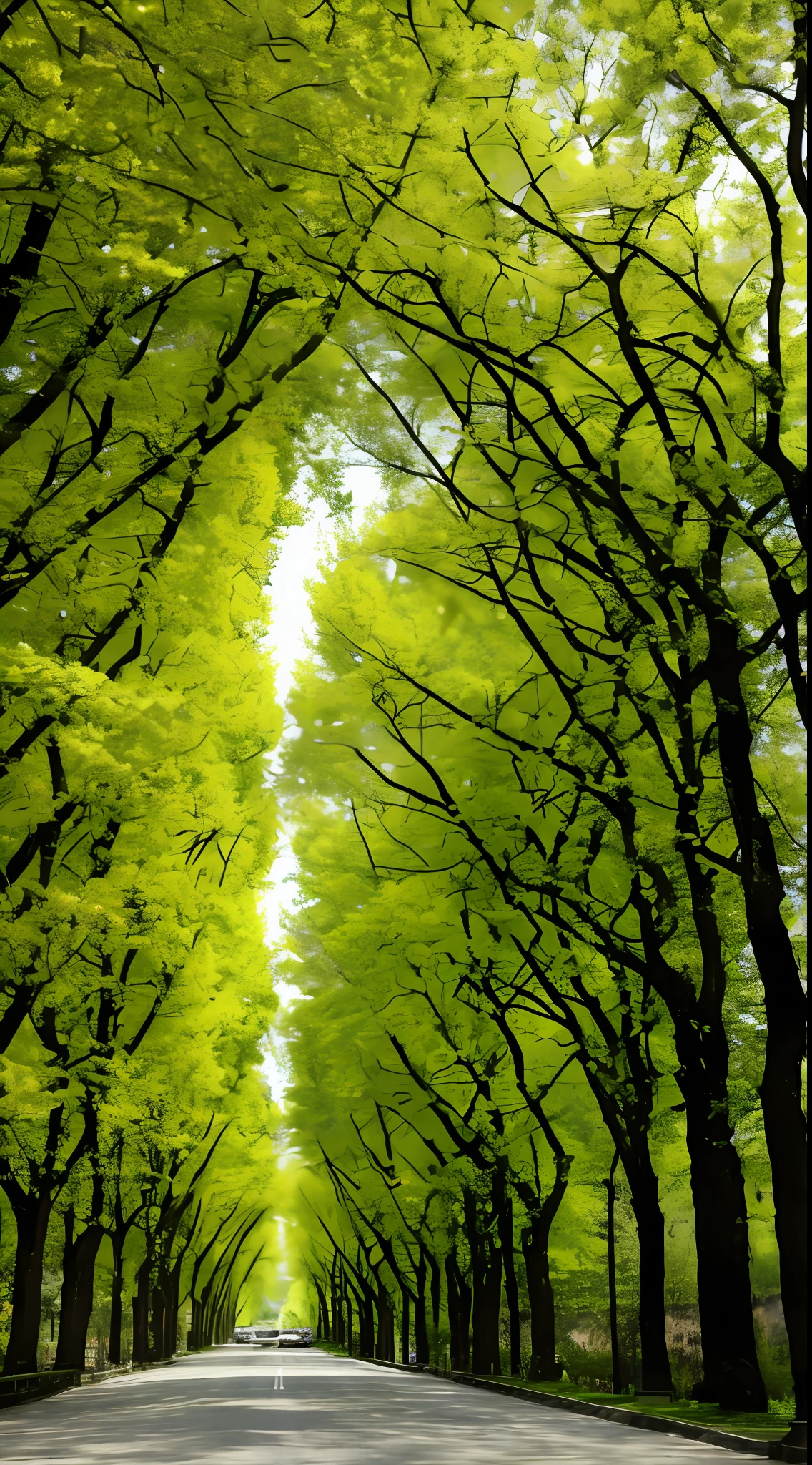 In spring, a 2-meter-wide road is lined with green leaves on plane trees