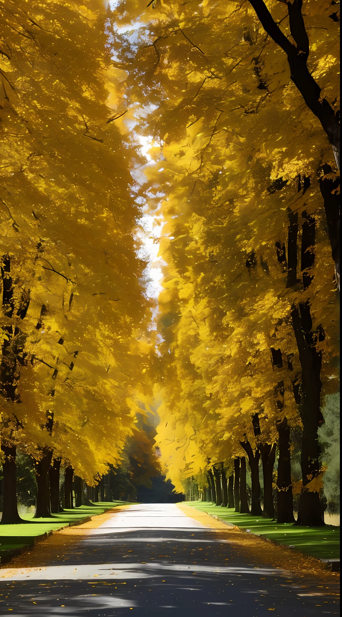 In autumn, a 2-meter-wide road is covered with yellow leaves on both sides of the plane trees