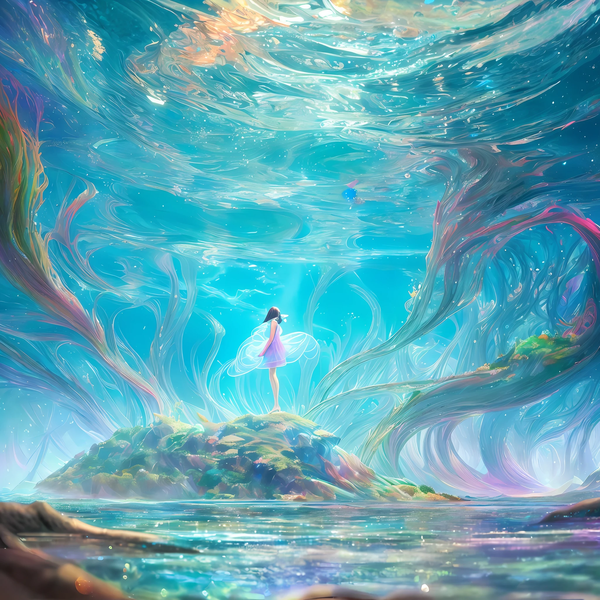 arafed image of a woman standing in a body of water, beautiful digital artwork, 4k highly detailed digital art, surrealism 8k, beeple and james jean, 8k stunning artwork, makoto shinkai cyril rolando, inspired by Yuumei, cinematic. by leng jun, 8 k realistic digital art, surreal water art, jingna zhang