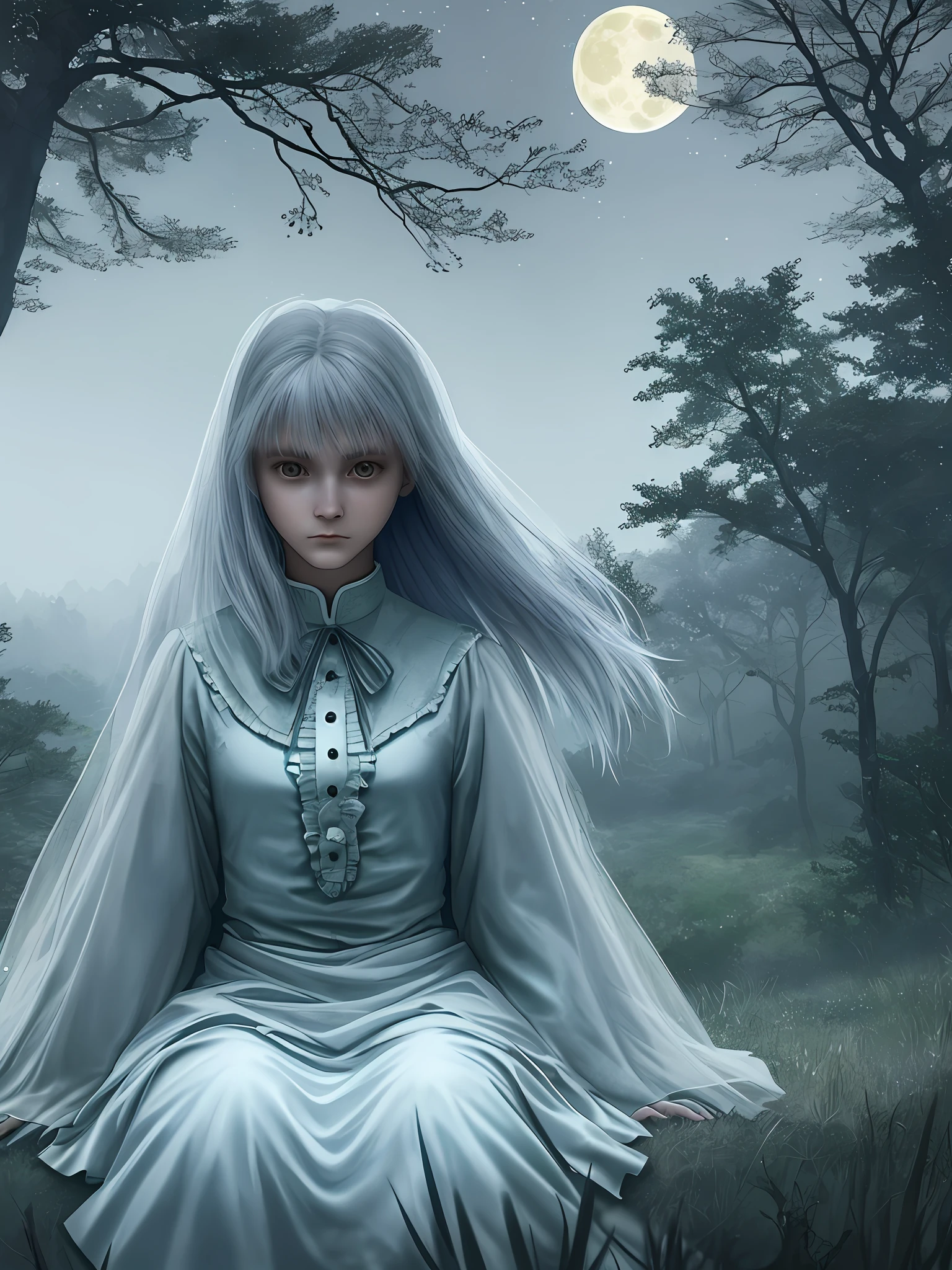 The beautiful ghost girls.on the forest sit on the dan.full moon and stars.realistic fog's.8k resolutions.full detail