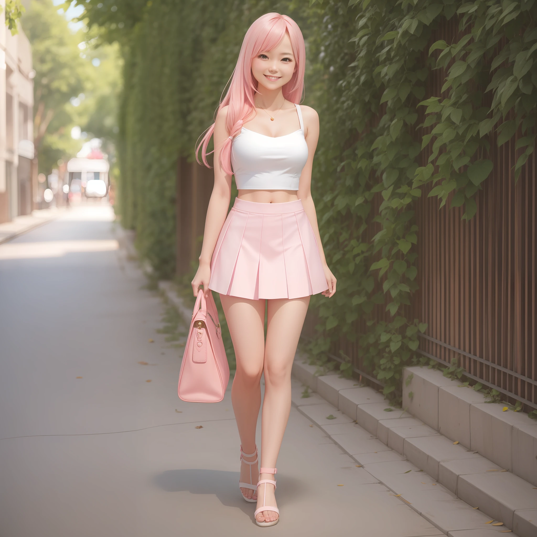 White tube top, pink mini skirt, white mule, long hair, full body photo, invincible smile --auto --s2