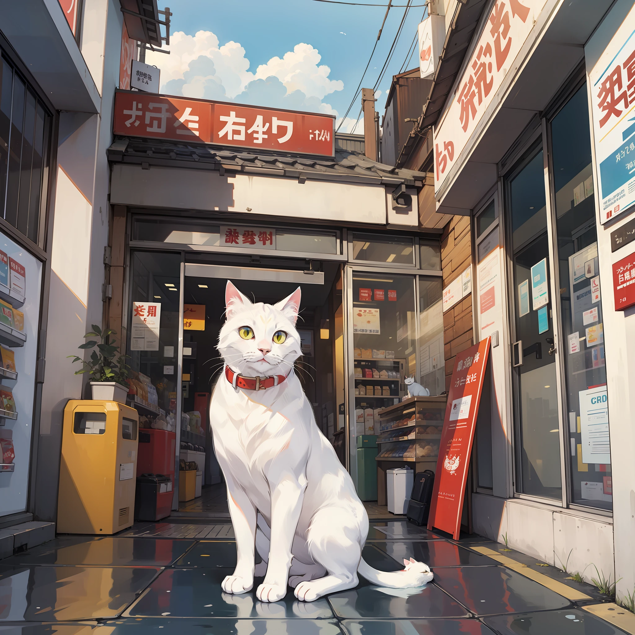 A white cat stands in front of a convenience store, on the street