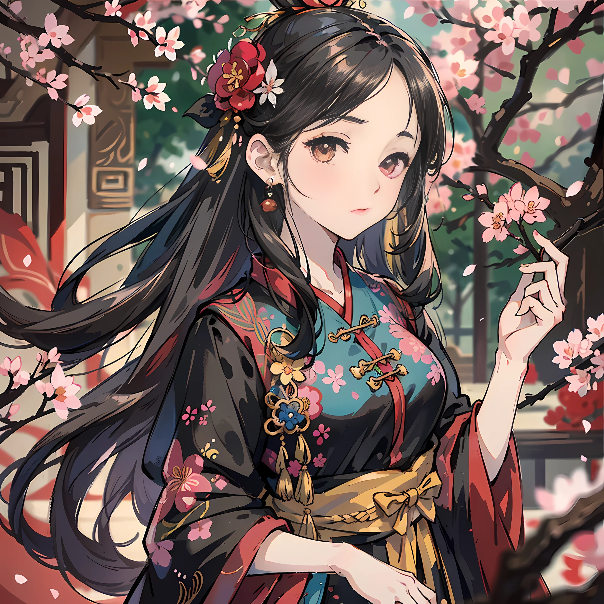 1girl, solo, branch, black hair, flower, hair ornament, long hair, blurry background, blurry, upper body, chinese clothes, cherry blossoms, dress, looking at viewer, hanfu, masterpiece, best quality, masterpiece,best quality,official art,extremely detailed CG unity 8k wallpaper, --auto --s2