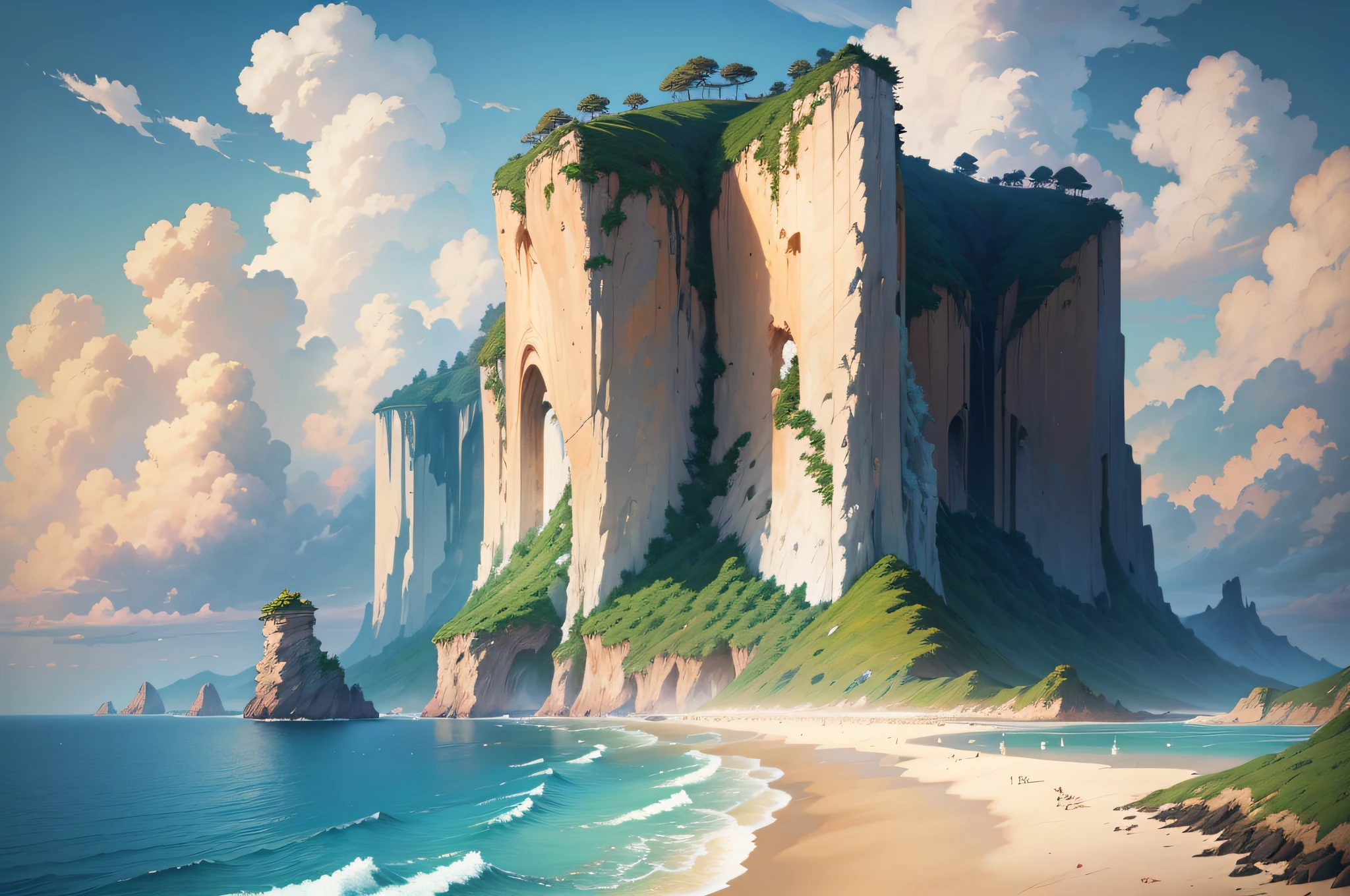 A beautiful anime illustration of an ocean coast, cliffs, wildflowers, breathtaking clouds, wide angle, by wu daozi, qiu ying, tang yin, very detailed, deviantart, 4k vertical wallpaper, tropical, colorful, airy, anime illustration, anime nature wallpap, no people, a detailed matte painting by makoto shinkai --auto --s2