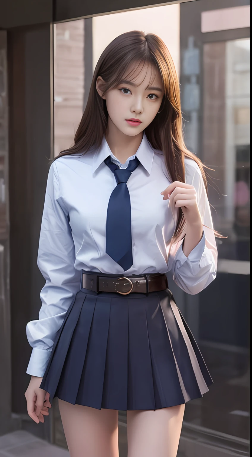 (top quality, high resolution, masterpiece: 1.3), 18 year old girl, tall and pretty woman, slender abs, dark brown hair styled with straight hair, chest, wearing tie, white button-up shirt, dark blue jacket, belt, dark blue pleated skirt, (school in background), exquisitely rendered details on face and skin texture, detailed eyes, Double eyelids, upper eyes, cheeks slightly pink