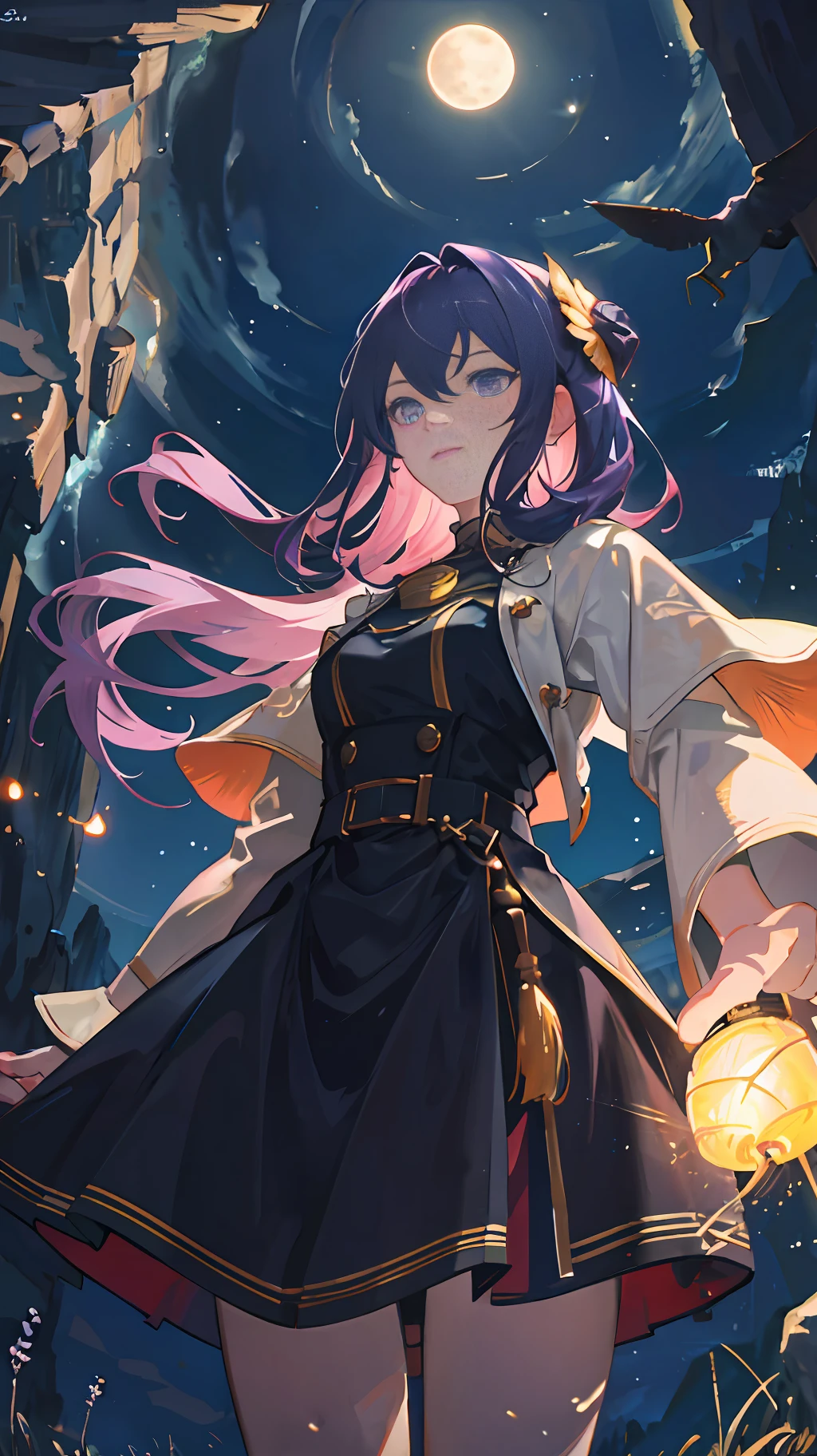 Vast landscape photo, (viewed from below, the sky is above and the open field is below), a girl standing on a flower field looking up, (full moon: 1.2), (meteor: 0.9), (nebula: 1.3), distant mountains , Trees BREAK Crafting Art, (Warm Light: 1.2), (Fireflies: 1.2), Lights, Lots of Purple and Orange, Intricate Details, Volumetric Lighting, Realism BREAK (Masterpiece: 1.2), (Best Quality), 4k, Ultra-Detailed, (Dynamic Composition: 1.4), Very Detailed, Colorful Details, (Rainbow Colors: 1.2), (Glow Lighting, Atmospheric Lighting), Dreamy, Magical, (Solo: 1.2)