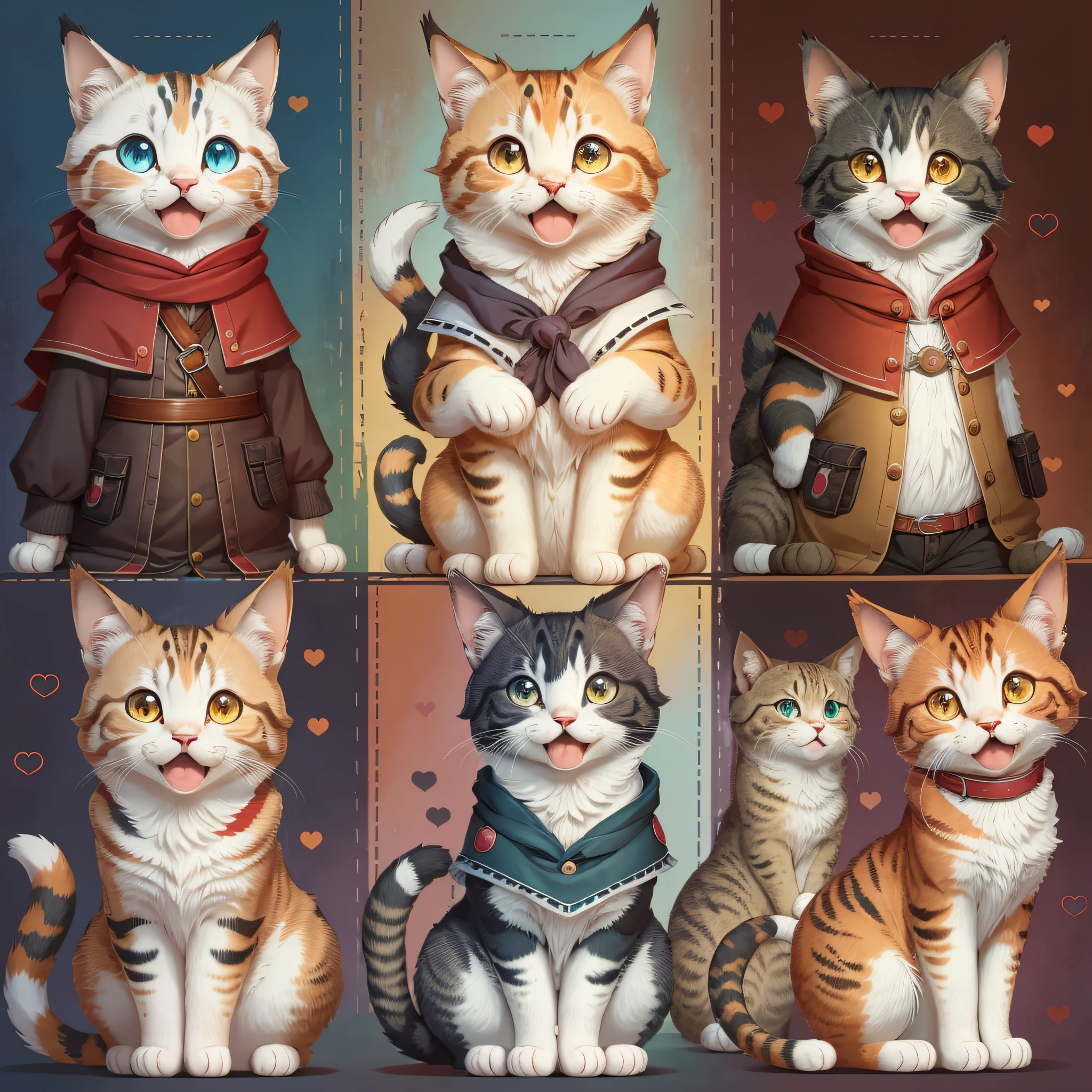 protagonist, full body shot, various emotions and facial expressions, cute, calico cat, movie, illustration, various patterns, high quality , various facial expressions