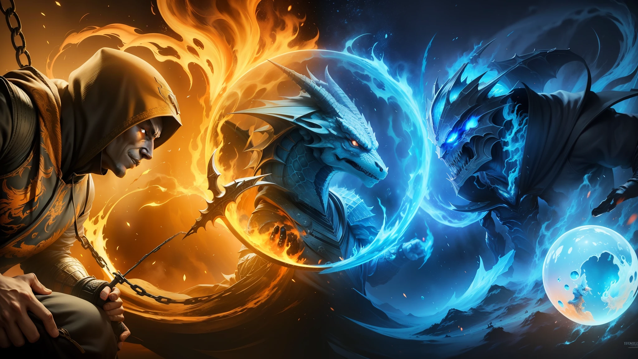 two images of a dragon in a hoodie and a demon in a hoodie, orange fire/blue ice duality!, mortal kombat, style of mortal kombat, in mortal kombat, ice and fire, wallpaper 4 k, wallpaper 4k, fire and ice, 4 k hd wallpaper very detailed, 3840x2160 --auto --s2