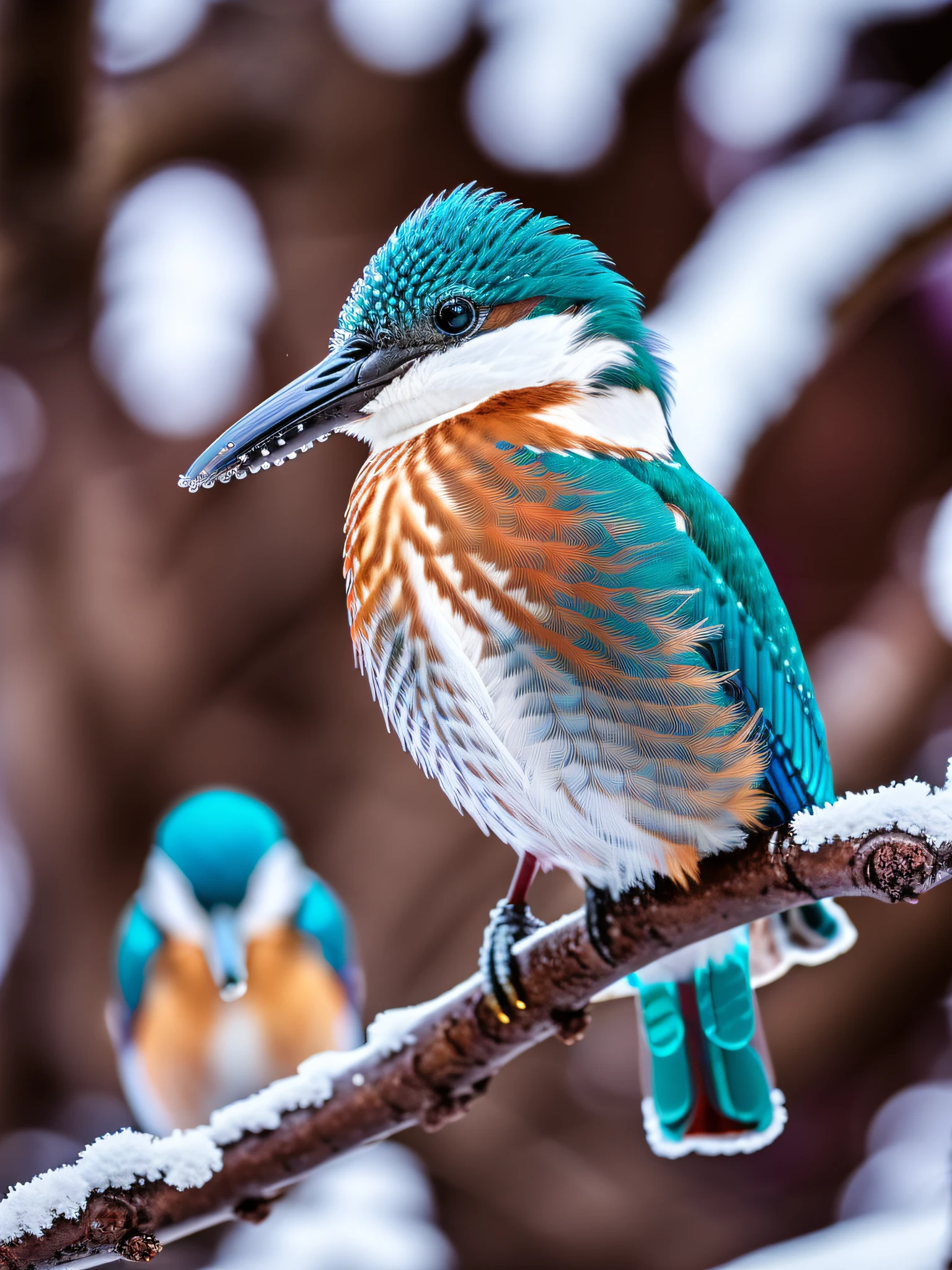In the snow, the best kingfisher on the branches near the budding plum tree, the branches are covered with snow, (cold morning: 1.1), (morning dew: 1.15), realistic photography, (low photo: 1.2), detail, 8k, intricate folded feathers, water droplets on the feathers, (to8contrast style), (mist: 0.7), bright colors, Sony a6600 Mirrorless Camera, embellish2, Large close-up, large aperture, 80mm lens,