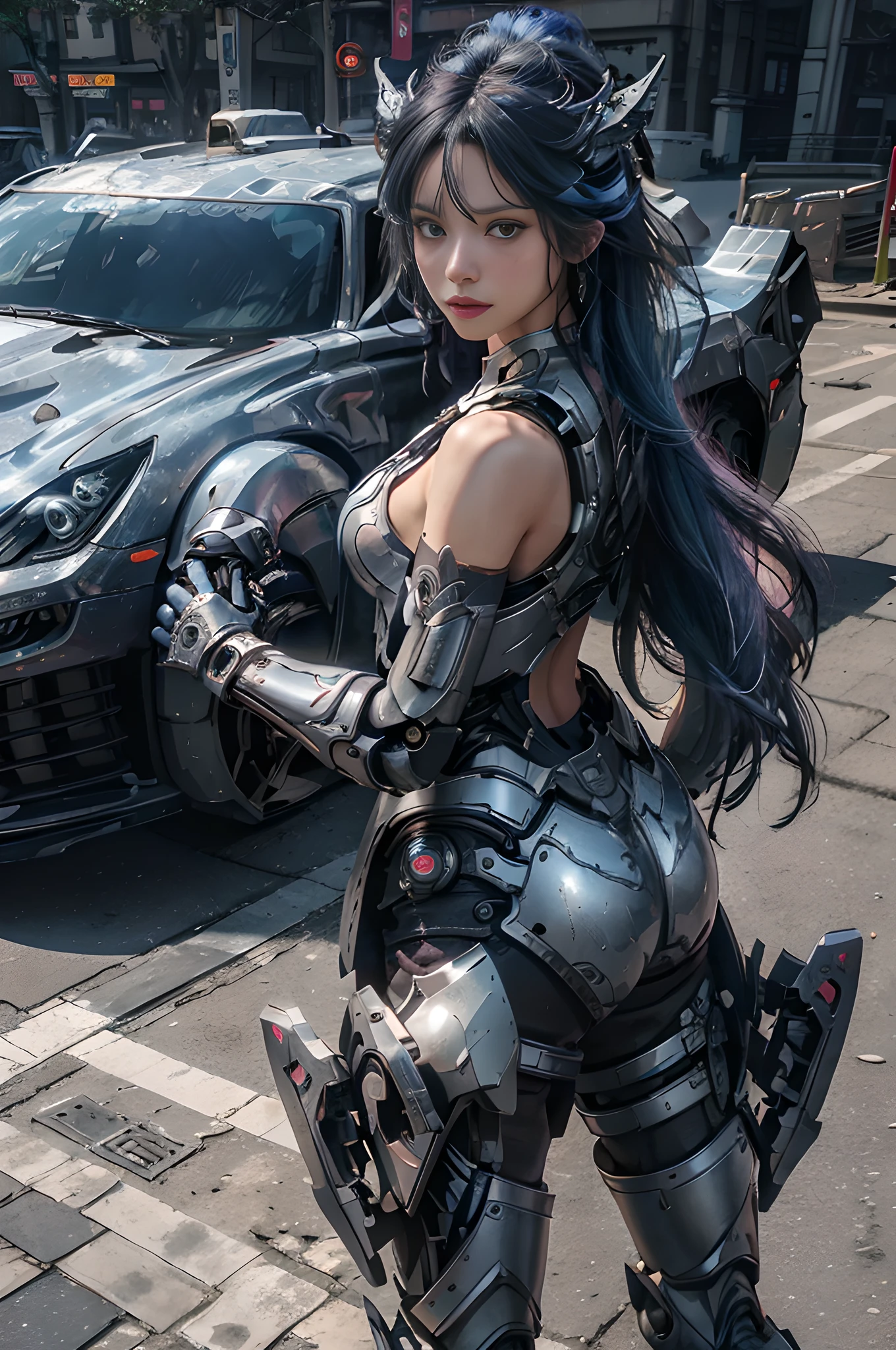 masterpiece, best quality, 1girl, solo, perfect face, looking at viewer, skin tight transparent vinyl, long blue hair, gray eyes, pale skin, shanyaogaoda, mecha, pink armor with white part, armor, helmet, lineart, dimly lit, low key, sharp focus, octane, backlighting, machinery, backlighting, shiny clothes, mechanical legs, thrusters, flying, hair ornament, high heels, shiny, artist name, standing, thighs, pink eyes, teeth, looking down, armored boots, cyborg, (big mechanical background:1.2), bare shoulders, lips, machine, The view from the bottom up, cosplay, RAW photo, delicate, best quality, (intricate details:1.3), hyper detail, finely detailed, colorful, 8k uhd, film grain, (studio lighting:1.2), (Fujifilm XT3), (photorealistic:1.3), (detailed skin:1.2)ultra high res, outside in the park with lake, best quality, photo, 4k, (photorealistic:1.4)