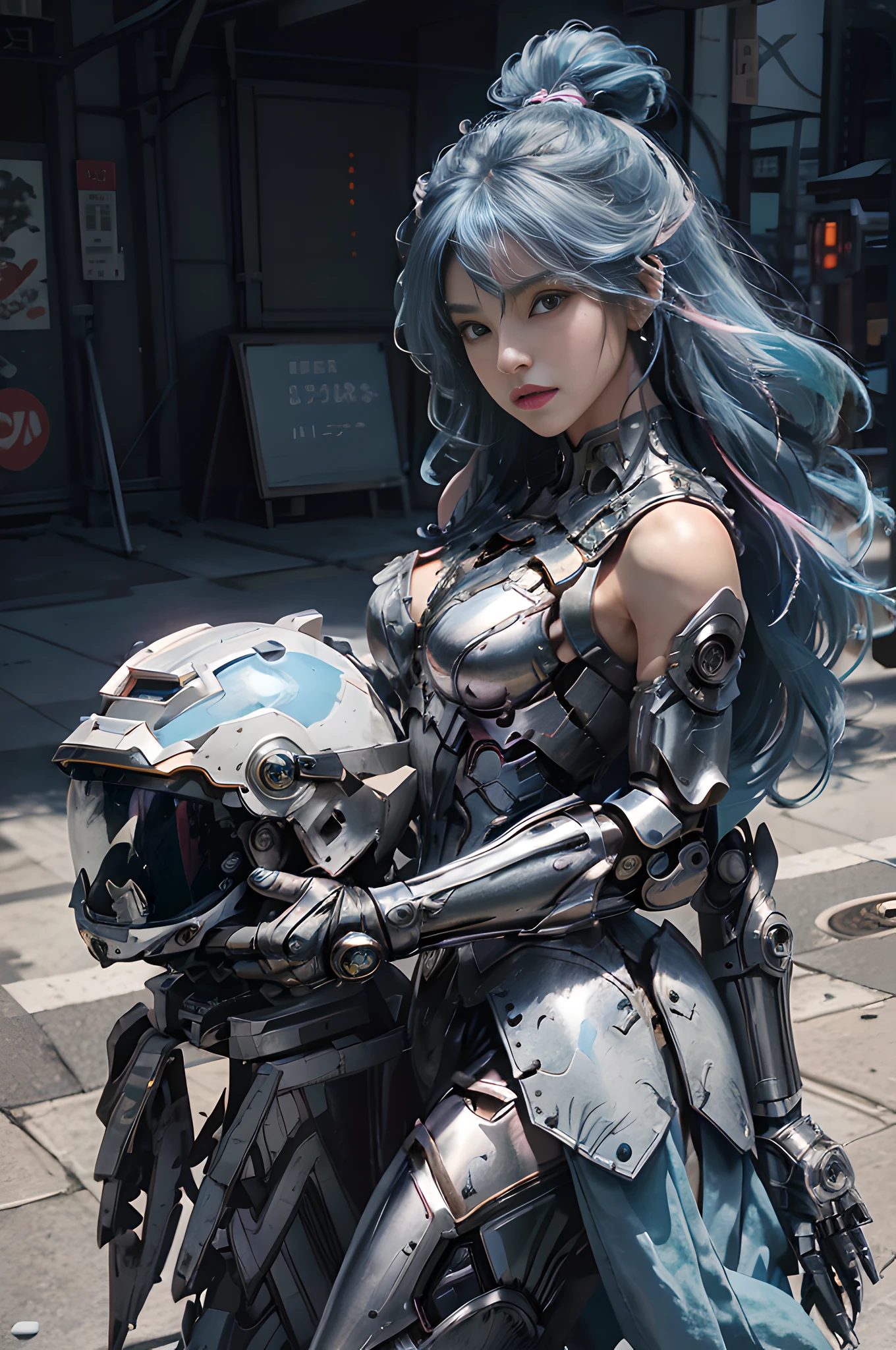 masterpiece, best quality, 1girl, solo, perfect face, looking at viewer, skin tight transparent vinyl, long blue hair, gray eyes, pale skin, shanyaogaoda, mecha,  pink armor with white part,  armor, helmet,  lineart, dimly lit, low key, sharp focus, octane, backlighting, machinery, backlighting, shiny clothes, mechanical legs, thrusters, flying, hair ornament,  high heels, shiny, artist name, standing, thighs, pink eyes, teeth, looking down, armored boots, cyborg, (big mechanical background:1.2), bare shoulders, lips, machine, The view from the bottom up, cosplay, RAW photo, delicate, best quality, (intricate details:1.3), hyper detail, finely detailed, colorful, 8k uhd, film grain, (studio lighting:1.2), (Fujifilm XT3), (photorealistic:1.3), (detailed skin:1.2)ultra high res, outside in the park with lake, best quality, photo, 4k, (photorealistic:1.4)