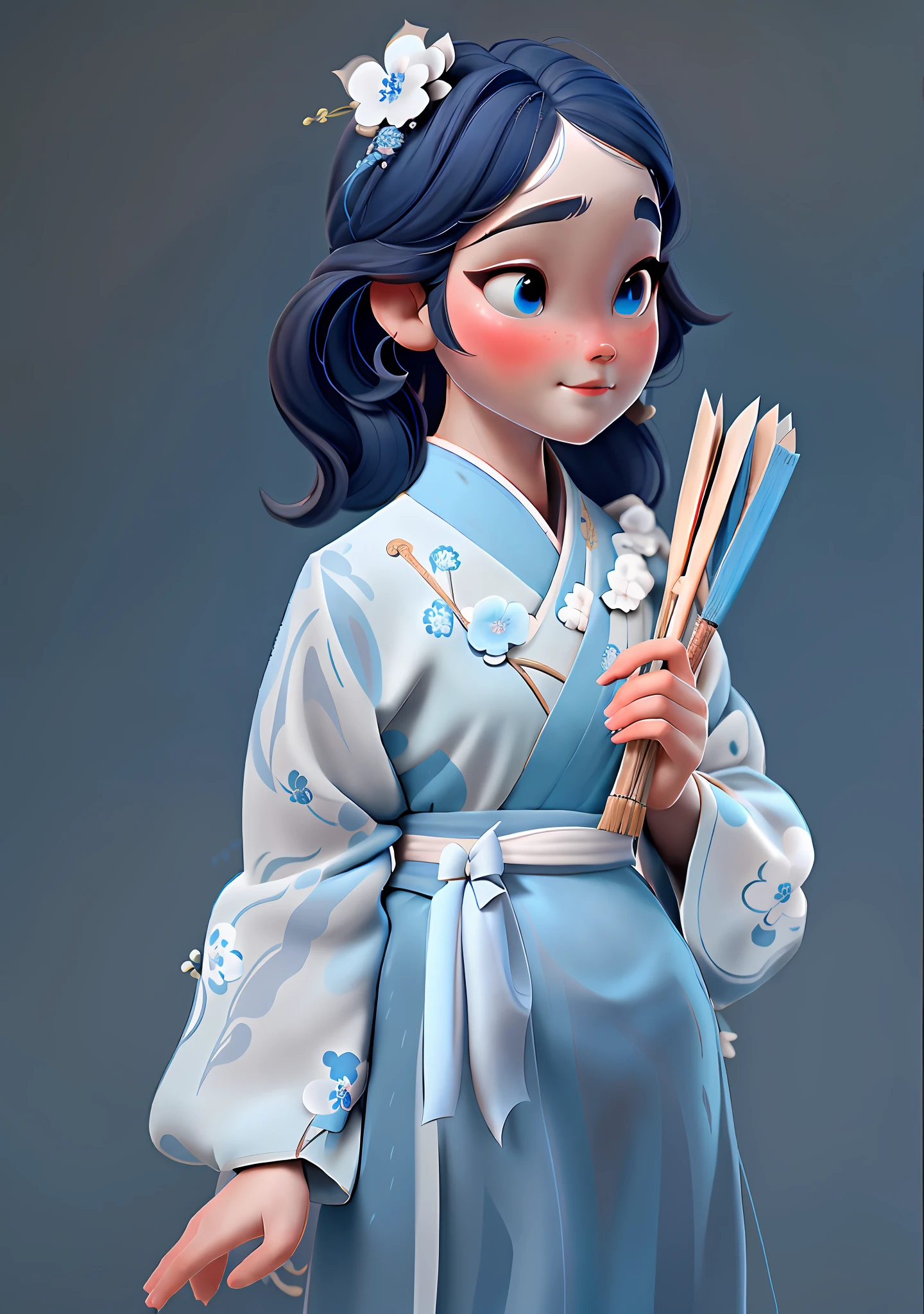 There is one wearing a blue dress, (masterpiece: 1.5), (best quality: 1.5), 3dmm, 3DG, high resolution, high detail, masterpiece, best quality, focus, eyes leaking out, facing the audience, cute, white and blue hanfu, Chinese, clean background, brush, holding a fan, head close-up, super close-up, contour shadow, gentle intellectual sister who likes classical Chinese culture, has a lot of research on illustration and tea ceremony. I like to wear Hanfu, use hairpins to pull my hair, refine my hands,