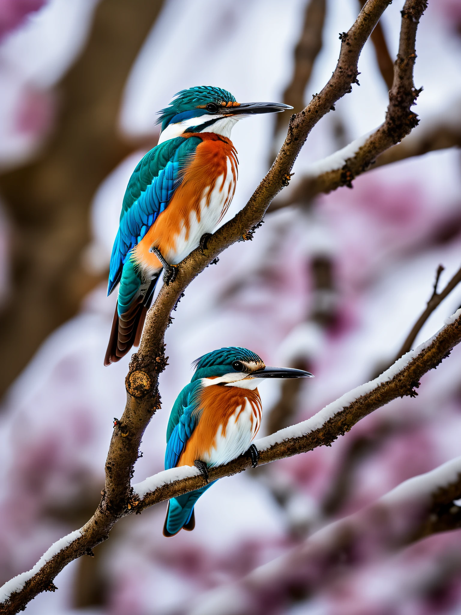 In the snow, the best kingfisher on the branches near the budding plum tree, the branches are covered with snow, (cold morning: 1.1), (morning dew: 1.15), realistic photography, (low photo: 1.2), detail, 8k, intricate folded feathers, water droplets on the feathers, (to8contrast style), (mist: 0.7), bright colors, Sony a6600 Mirrorless Camera, embellish2, Large close-up, large aperture, 80mm lens,