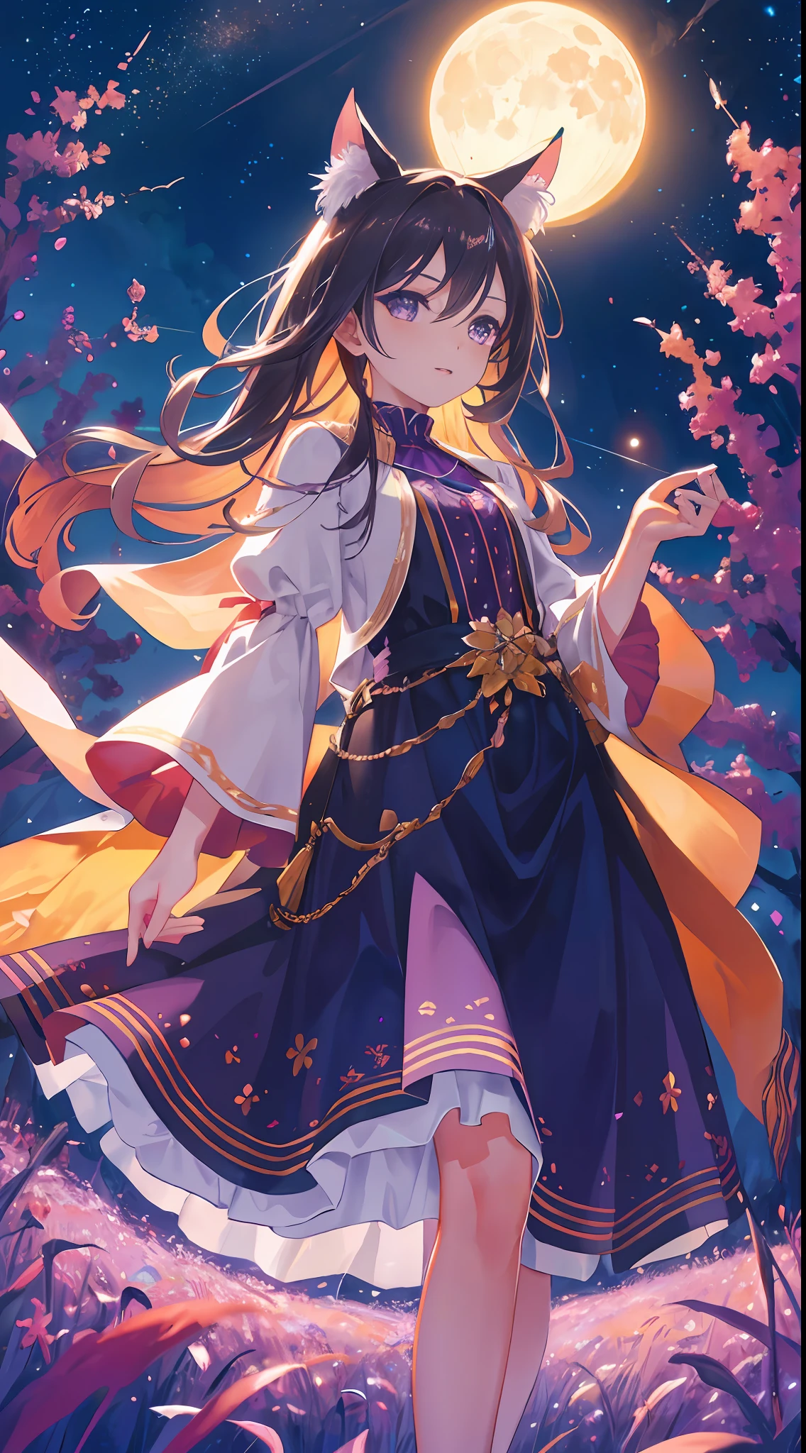 Vast landscape photos, (from below, sky above, open field below), a cat standing on a flower field looking up (Full Moon: 1.2), (Meteor: 0.9), (Nebula: 1.3), Distant Mountains, Trees BREAK Making Art, (Warm Source: 1.2), (Firefly: 1.2), Lights, Lots of Purple and Orange, Intricate Detailing, Volumetric Lighting, Realism BREAK (Masterpiece: 1.2), (Best Quality), 4K, Ultra-Detailed, (Dynamic Composition: 1.4), Very Detailed, Colorful Detail, (Iridescent Color: 1.2), (Glow Illumination, Atmospheric Lighting), Dreamy, Magical, (Solo: 1.2)