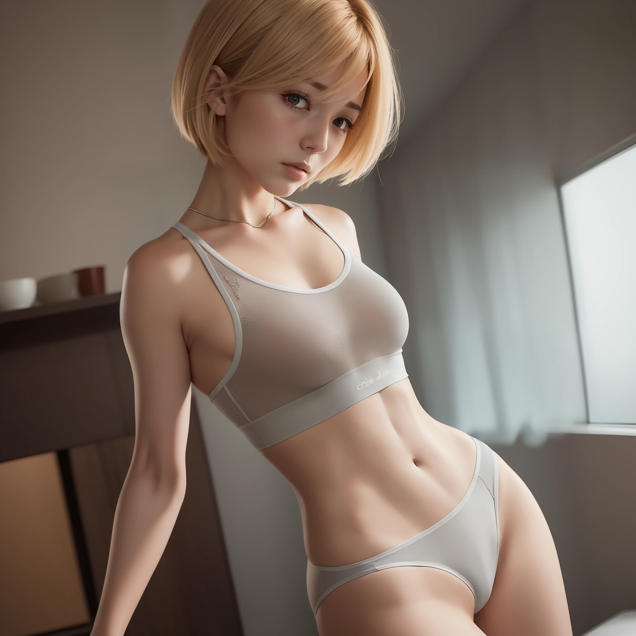 8k, (Top Quality, Masterpiece: 1.25), (Fidelity: 1.5), 1 person, girl, Japan 40 years old, Weight 55kg, 160cm, Short hair, Blonde mesh color hair, Bust 87cm, Waist 65cm, Hips 87cm, Round face, Angry face, Hotel bedroom, Calvin Klein sports bra,
