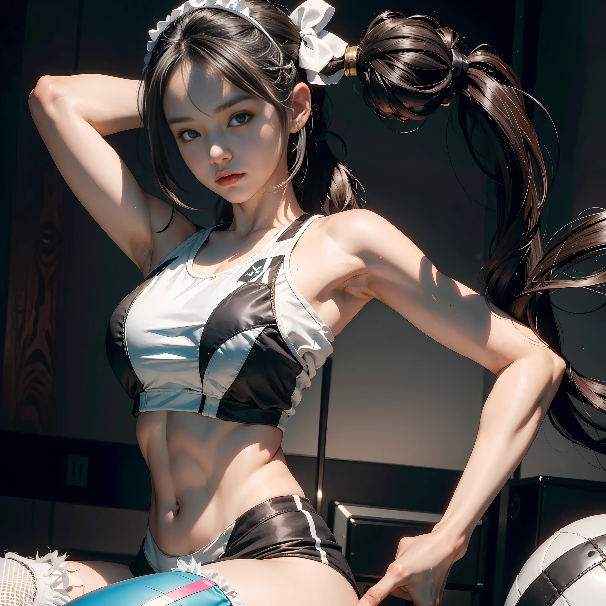 (Masterpiece, Best Quality: 1.1), 1 Girl, Solo, Twin Tails, Watch the Beholder, Black Hair, Hair Ornament, (Large: 1.1), Closed Mouth, Black Eyes, Hair Bobble, Small Sports Bra, White Leggings, Sneakers, Fit, Squat, Brown Hair, Idol, Armpits --auto --s2