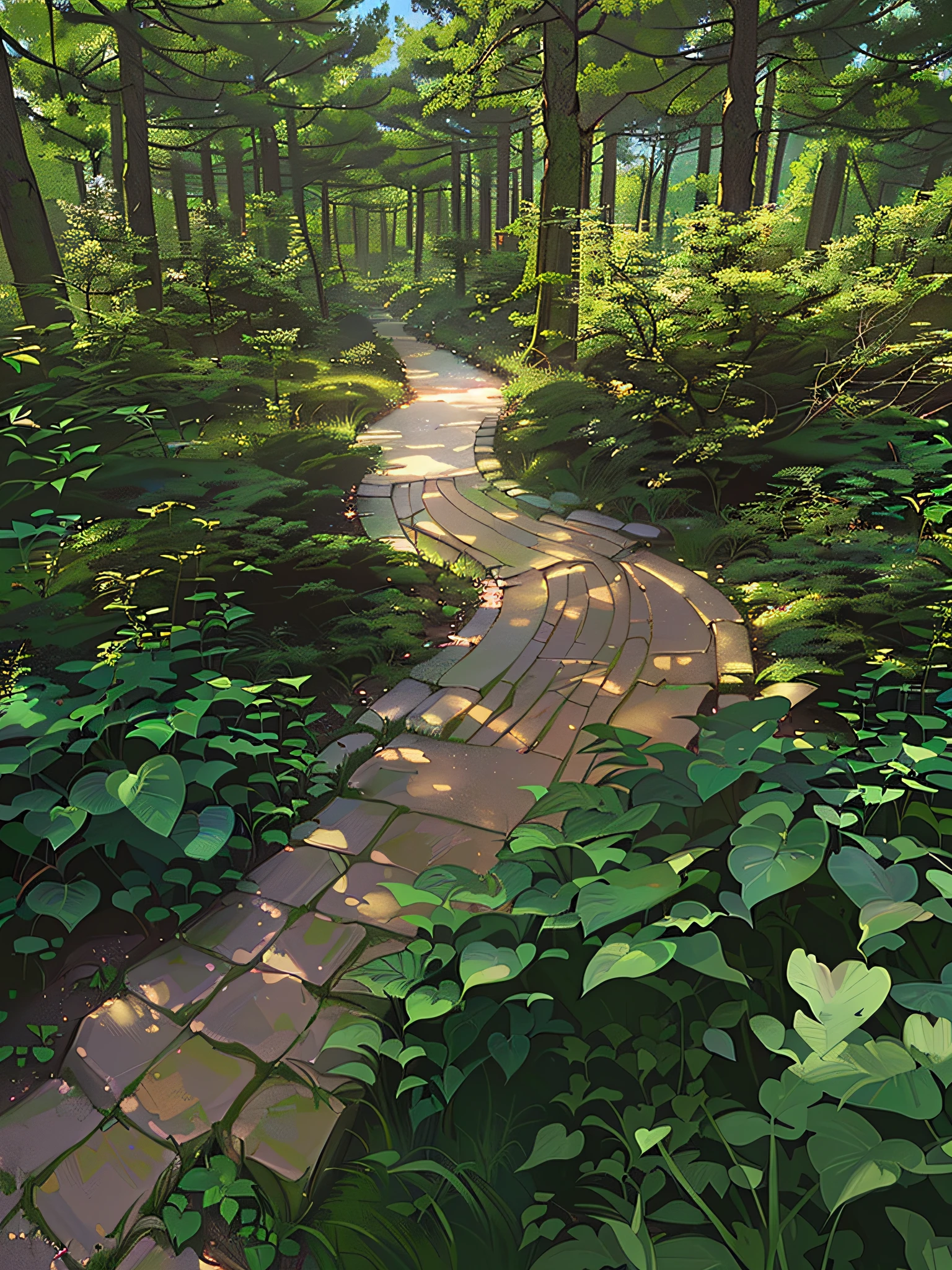 There is a path in the middle of the garden with a lot of plants, paths, locust trees, beautiful paths in the forest, large paths, stone paths, stone paths, outdoors, forest paths, sidewalks, trails, garden environment, walking in the garden, paths through dense forests, sidewalks, hiking trails, paths into dense forests, sidewalks anime painter studio, Ghibli sunshine studio, drawn in anime painter studio, Studio Ghibli environment, Studio Ghibli style, realistic anime 3 D style, Artai Guéran 8 K, Alexei Egorov, rendered in Lumion Pro, detailed landscape - width 672, highly detailed digital painting