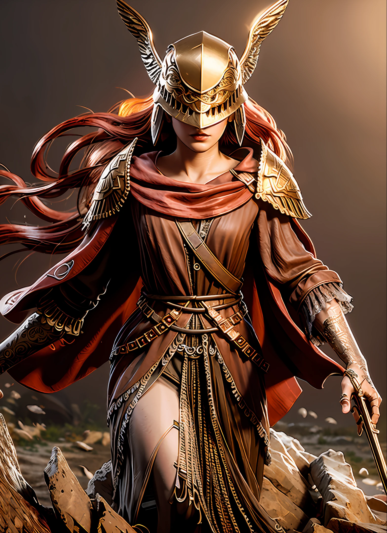 8k, top quality, masterpiece, illustration, very delicate and beautiful, highly detailed cg, unity, wallpaper, detail, unity 8k wallpaper, incredibly ridiculous, kuan, van, cursed_left_arm, winged helmet, red cloak, malenia_blade,