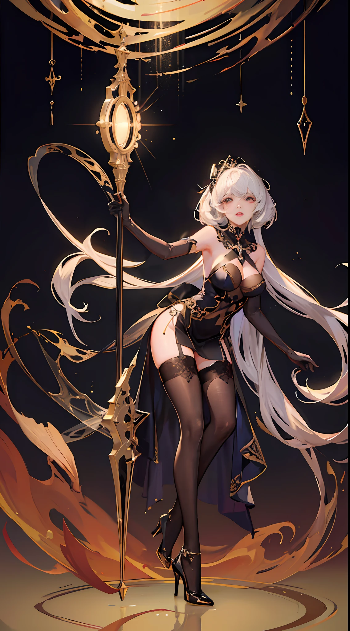 (extremely detailed, high-quality),(best illumination, sensual and elegant),(looking from the bottom up, dynamic angle),(1 girl),(sexy pose, silk stockings),(gradient color stockings:1.3+black stockings:0.8),(confident expression, high heels),(dark background, spotlight effect)
