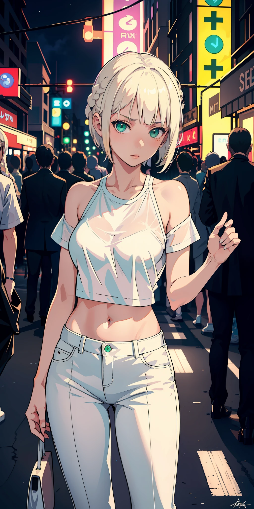 masterpiece, best quality, nsfw, 1girl, platinum blonde hair, short hair, green eyes, braids, small perky breasts, on the street, night, neon light, white t-shirt, braless, black pants, poker face, front view, standing, in crowd,