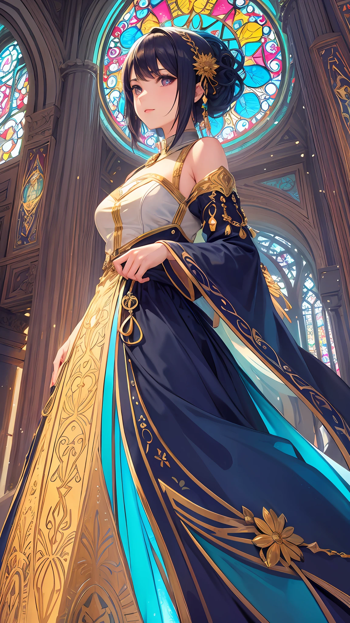 (masterpiece, top quality, best quality,official art, beautiful and aesthetic:1.2),(1girl:1.3), 1girl BREAK stained glass art, colored glass, lead lines, light transmission BREAK vibrant colors, intricate designs, luminous effects, spiritual ambiance