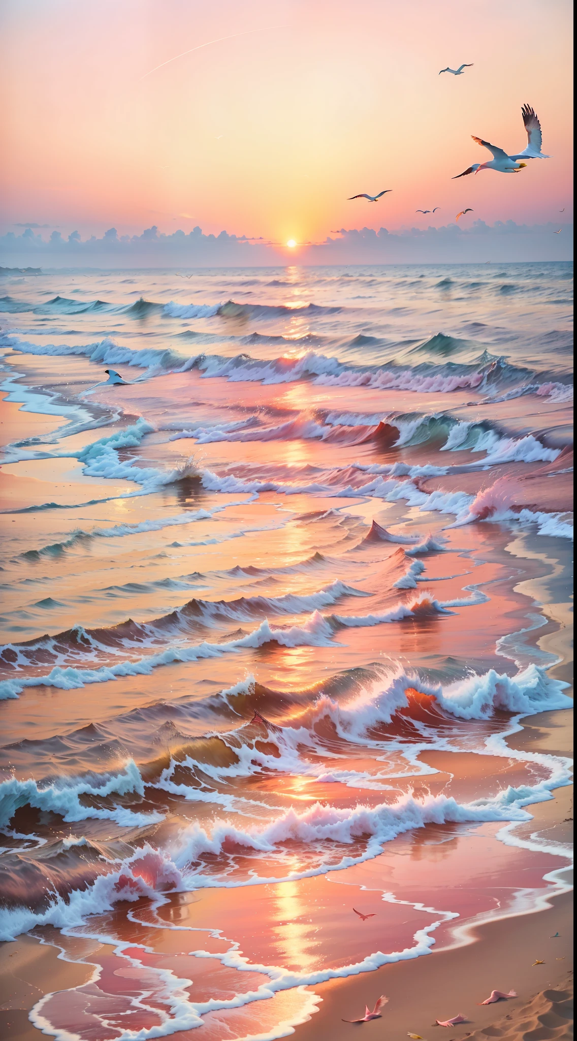 An absolutely mesmerizing sunset on the beach with a mix of orange, red, pink and yellow in the sky. The water is crystal clear, gently kissing the shore, and the sandy beach is endless. The scene is dynamic and breathtaking, with seagulls soaring high in the air and palm trees gently swaying. Immerse yourself in the calm atmosphere and let the tranquil surroundings surround you.