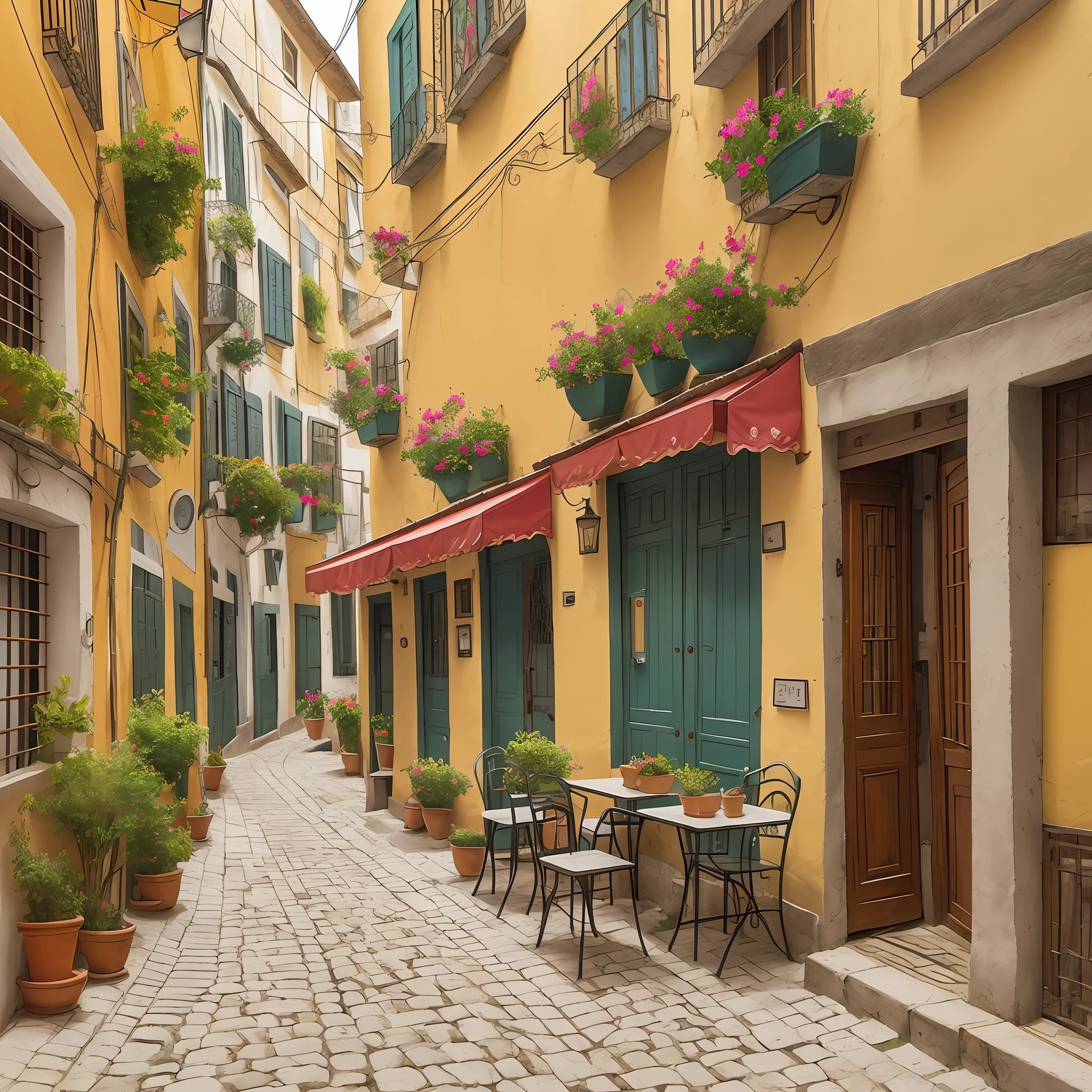 in the table of small beautiful cafe on a beautiful narrow alley in Portugal on 1950, cats, beautiful detailed watercolor art by Roger Hirsch, Konstatinos Sofianopoulos, Antonio Guidotti, saturated colors --ar 51:91 --c 25 --s 1000 --v 5.1 --auto --s2