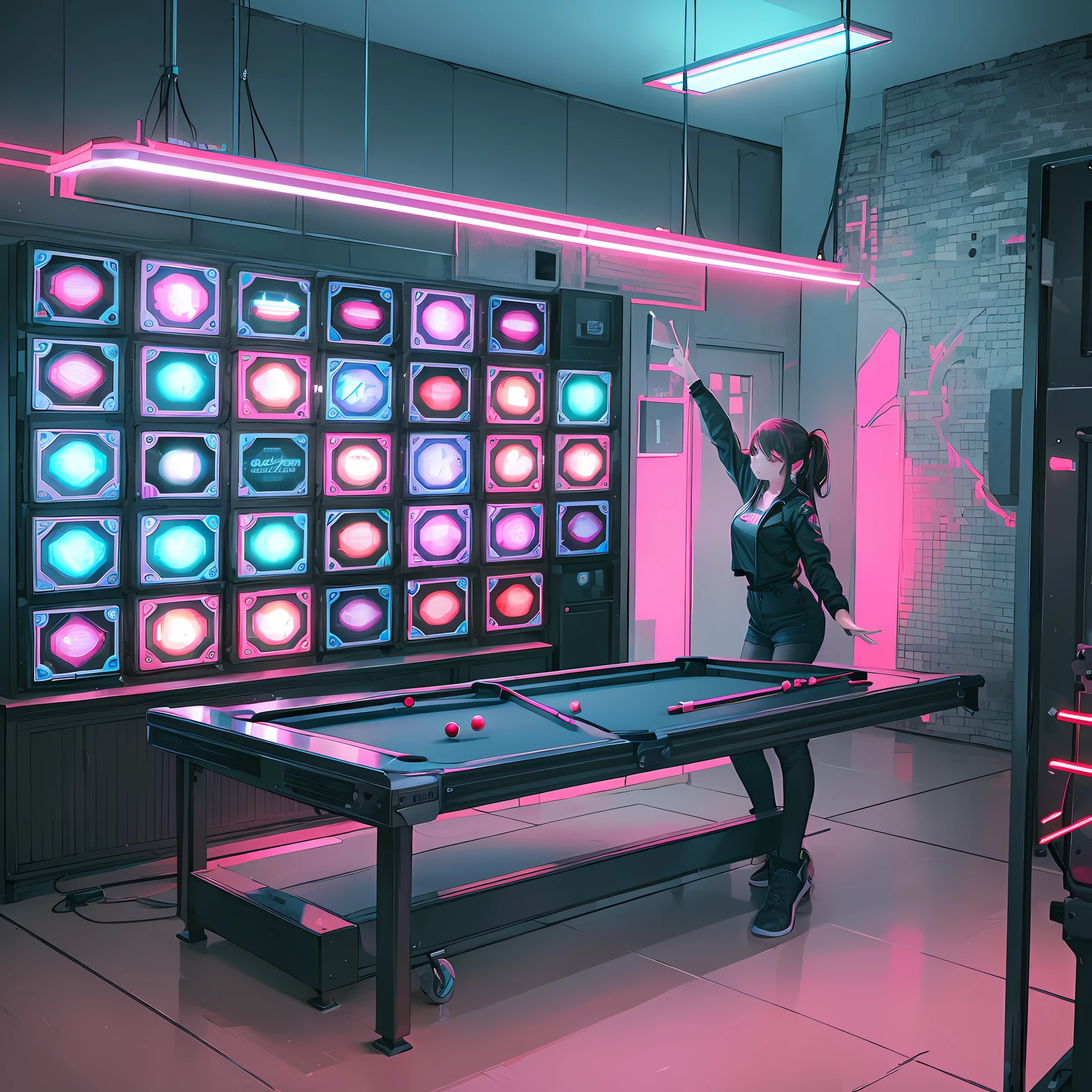 ((Best Quality)), ((Masterpiece)), 1 Girl, Game Room, Neon Lights, High Brightness LED Lights, Hackering, Red Room. --auto --s2