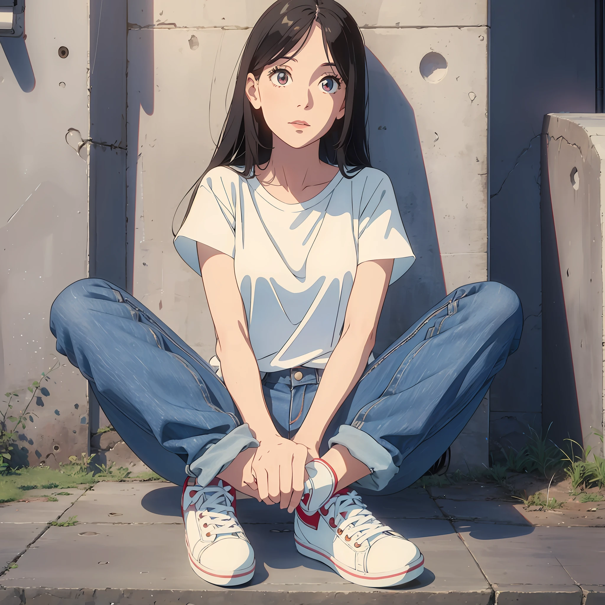 Panorama, Giant Lady, (1girl:1.3), white textless short-sleeved top, sunny, pale cumulus, half-cross-legged sitting, red high-top canvas shoes, blue denim cropped pants --auto --s2