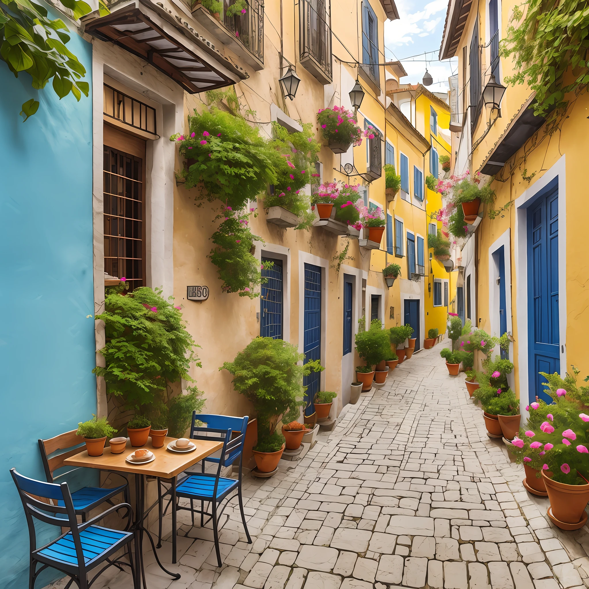 in the table of small beautiful cafe on a beautiful narrow alley in Portugal on 1950, cats, beautiful detailed watercolor art by Roger Hirsch, Konstatinos Sofianopoulos, Antonio Guidotti, saturated colors --ar 51:91 --c 25 --s 1000 --v 5.1 --auto --s2