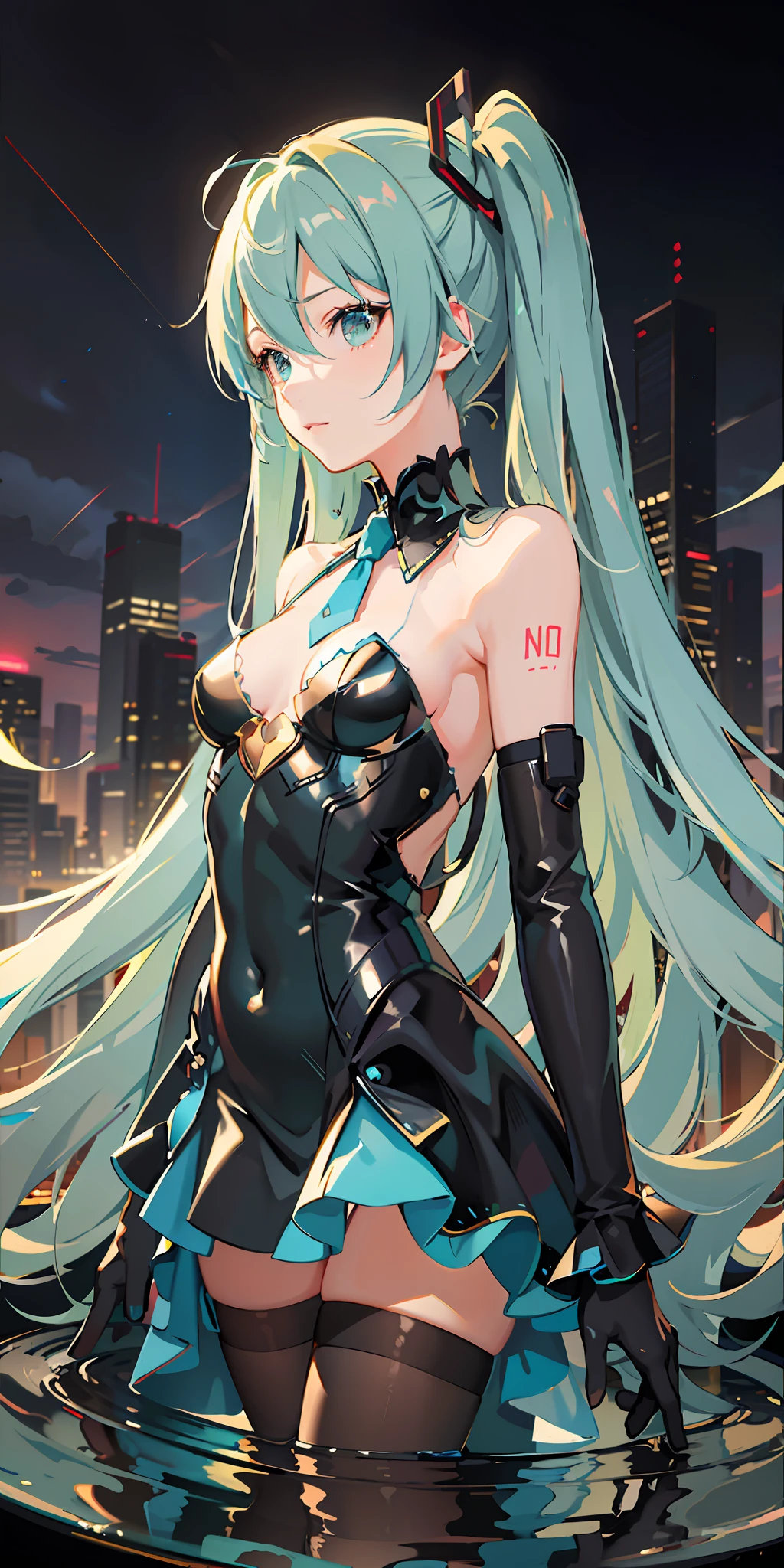 (masterpiece), best quality, ultra-detailed, CG unity8k wallpaper, Hatsune Miku, black silk sword drawn, HD standing painting, static picture, evening light, clear lines, rich in layering, focusing on the character image, full of mystery and tension.