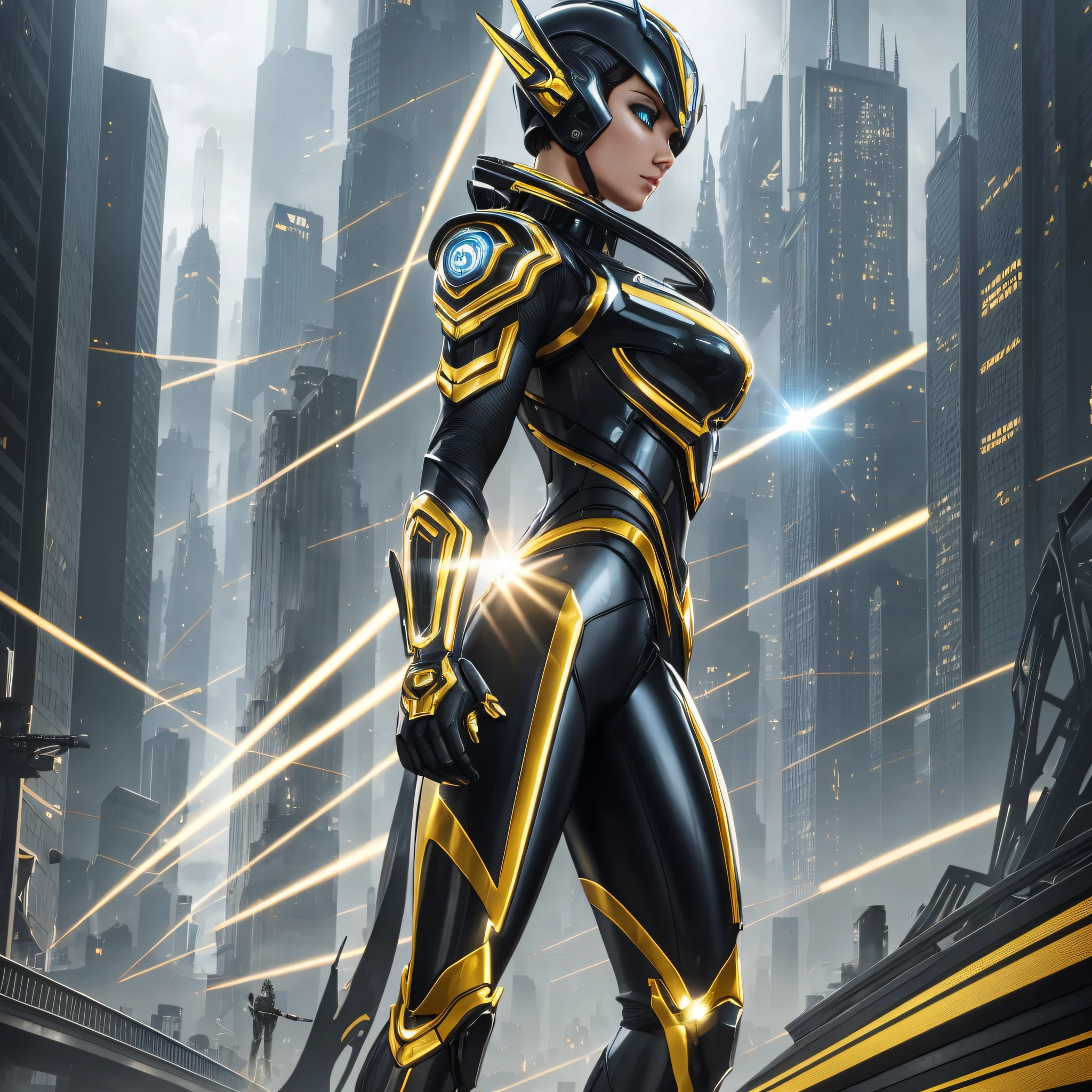 Photorealistic realism, sunlight, full-body portrait, amazing beauty, dynamic pose, delicate face, vibrant eyes, (viewed from the side), she wears futuristic Ultraman mechs, black and gold color scheme, very detailed outer space warehouse background, detailed face, detailed complex busy background, messy, gorgeous, milky white, highly detailed skin, realistic skin details, visible pores, sharp focus, volumetric fog, fair skin, photorealism, huge metropolis in futuristic dystopia, as seen belowsemitransparent --auto --s2