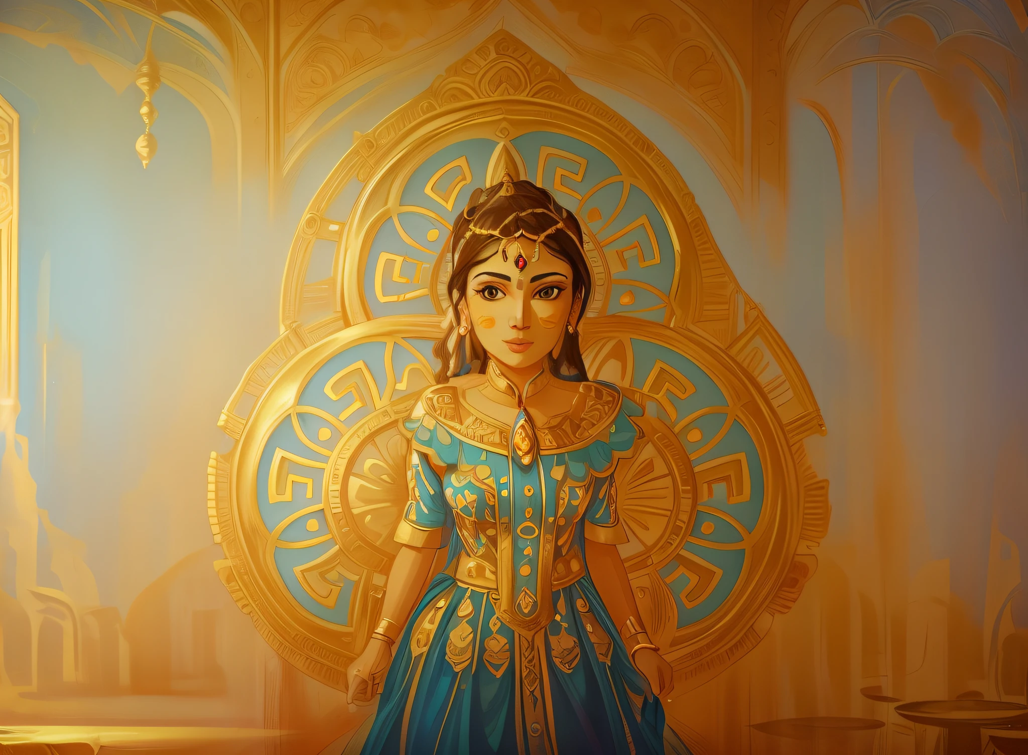 there is a woman in a blue dress standing in front of a gold and blue wall, portrait of modern darna, ancient libu princess, of indian princess, gilded lotus princess, a beautiful fantasy empress, 3 d render stylized, 3 d goddess portrait, portrait painting of a princess, indian goddess of wealth, goddess. extremely high detail, beautiful genie girl