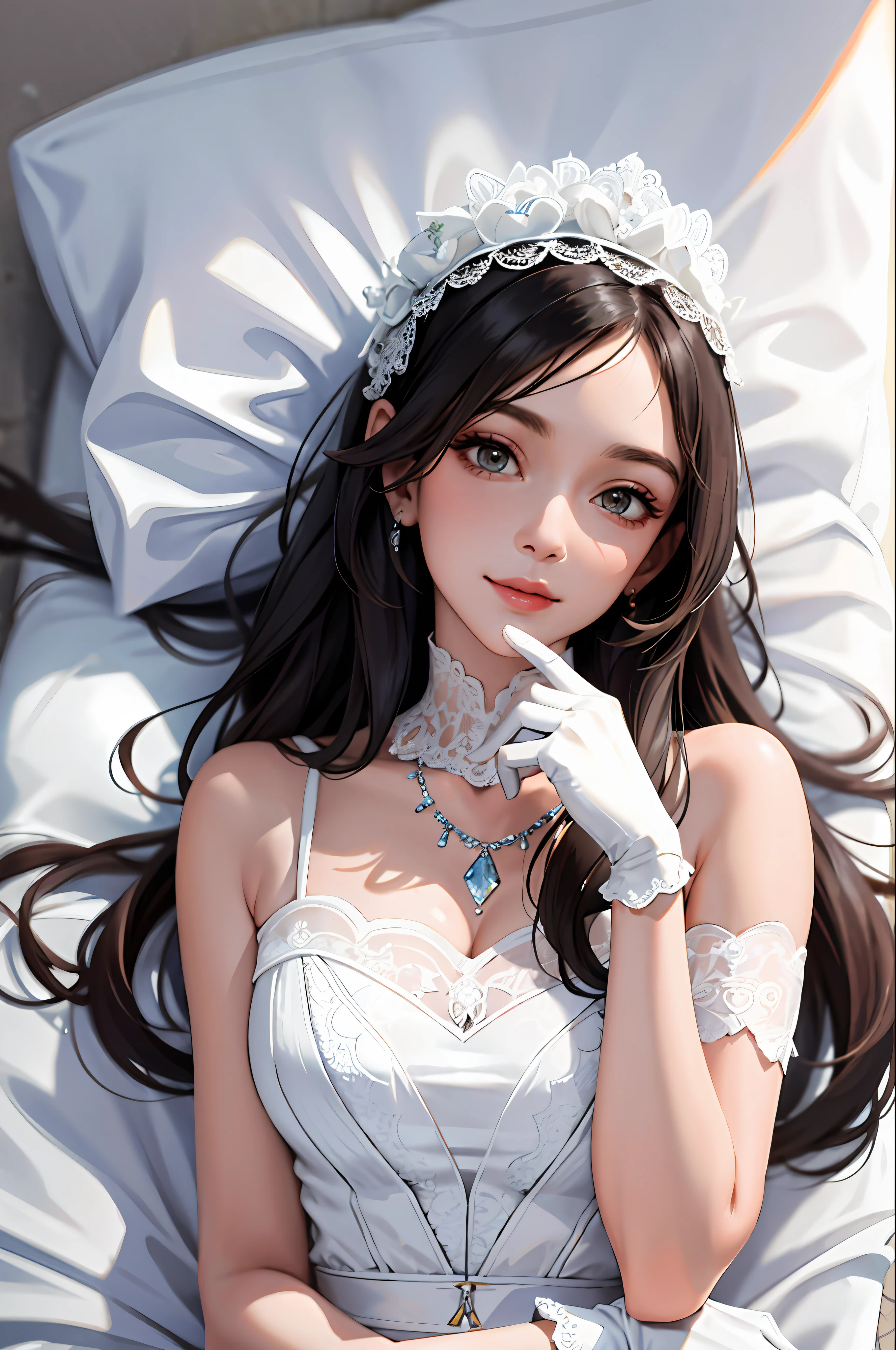 (Masterpiece: 1.2, highest quality), (real photo, fine details), a woman, wearing a white wedding dress, alone, short gloves, upper body, casual, long hair, simple makeup, hands holding face, natural fabric, close-up, smile, family, lying on bed, looking at the camera, extreme close-up)