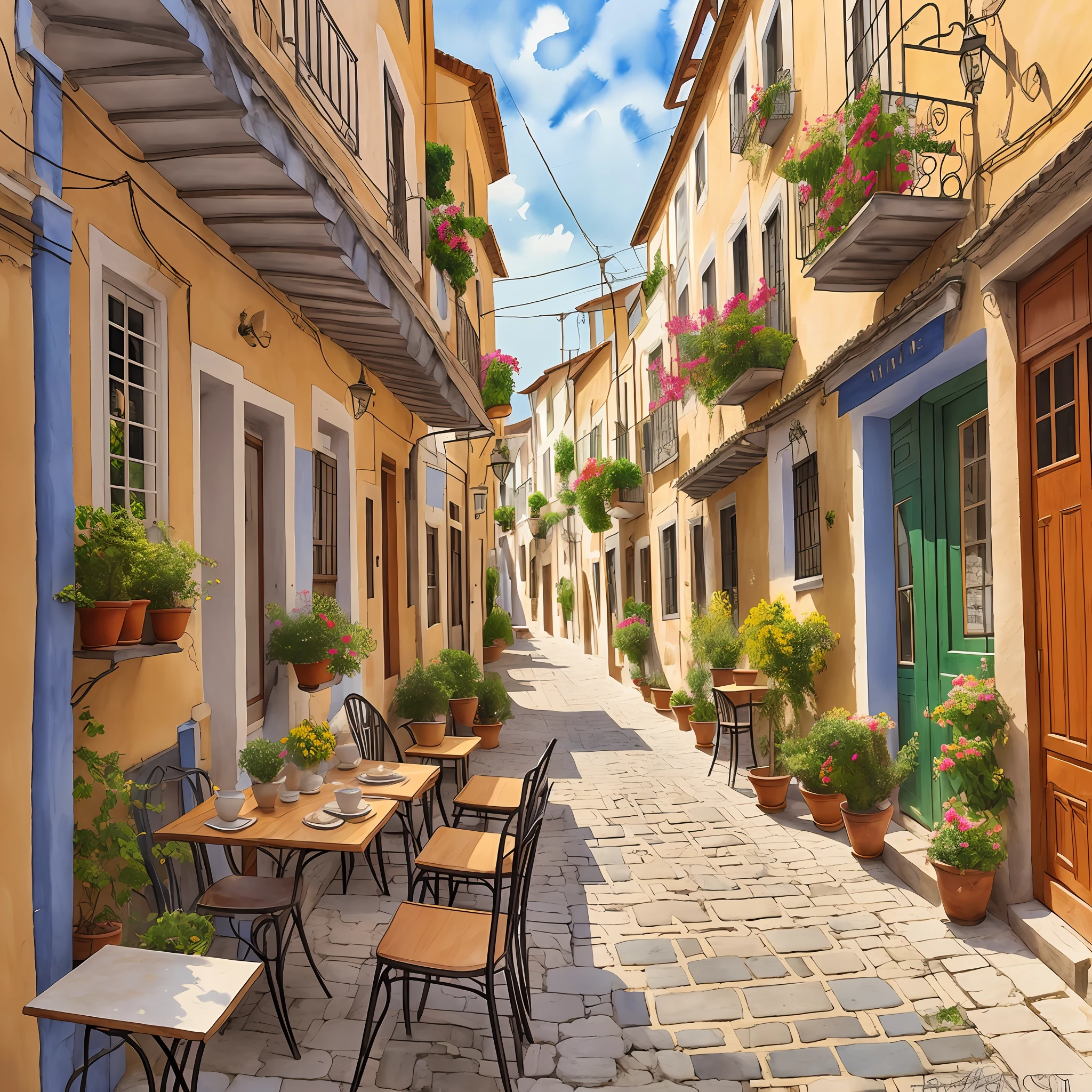 in the table of small beautiful cafe on a beautiful narrow alley in Portugal on 1950, cats, beautiful detailed watercolor art by Roger Hirsch, Konstatinos Sofianopoulos, Antonio Guidotti, saturated colors --ar 51:91 --c 25 --s 1000 --v 5.1 --auto --s2