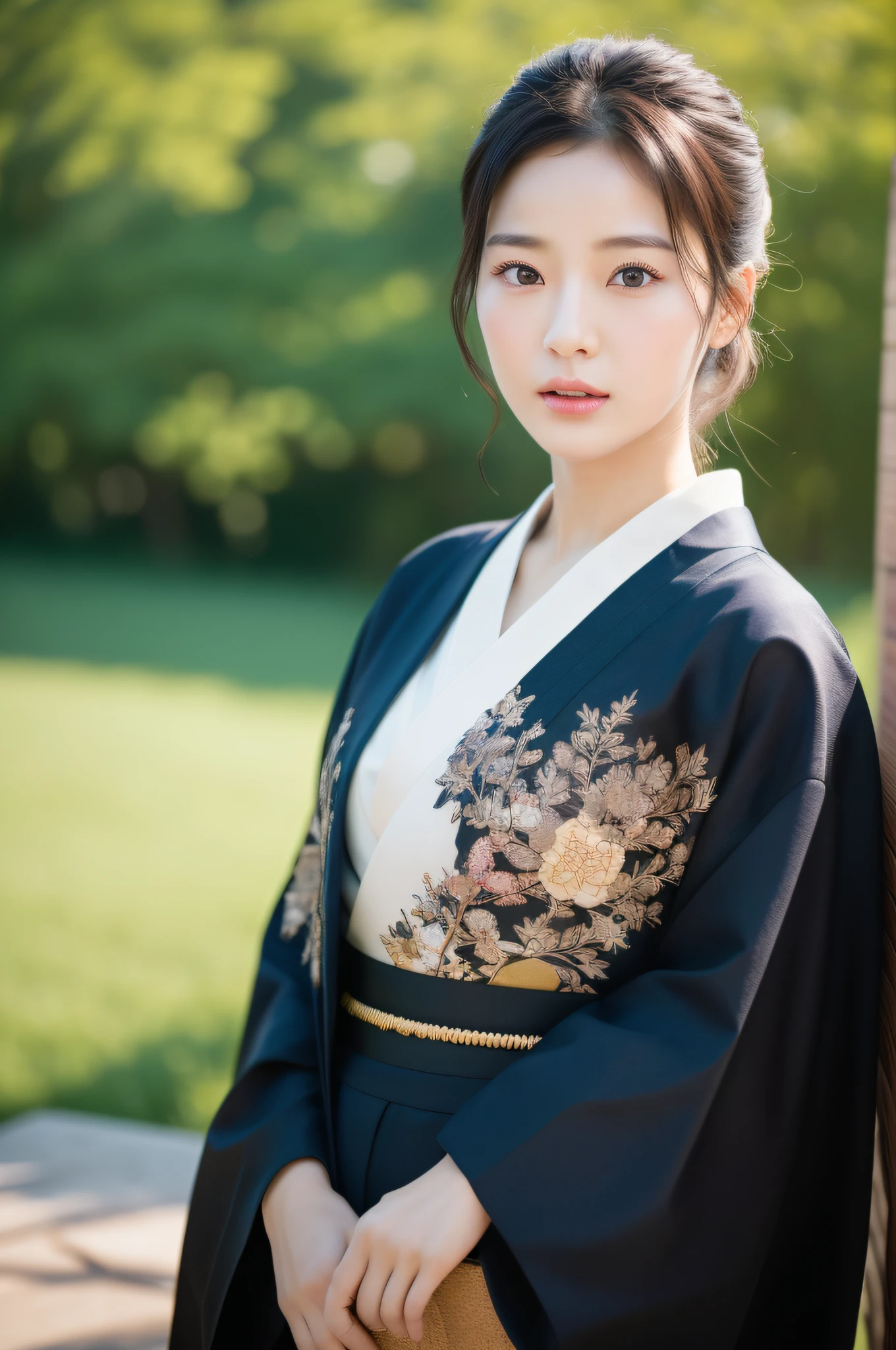((Top Quality, 8K, Masterpiece: 1.3)), Sharp Focus: 1.2, (Super Beautiful Face: 1.0), (Glossy Skin: 1.0), Realistic Photos, Black Hair, Realistic Pupils, Movie Lighting, Highly Detailed Eyes and Face, Movie Lighting, (Cowboy Shot: 1.0), (kimono, hakama, obi: 1.2), (Korean Cute Actress), in nature