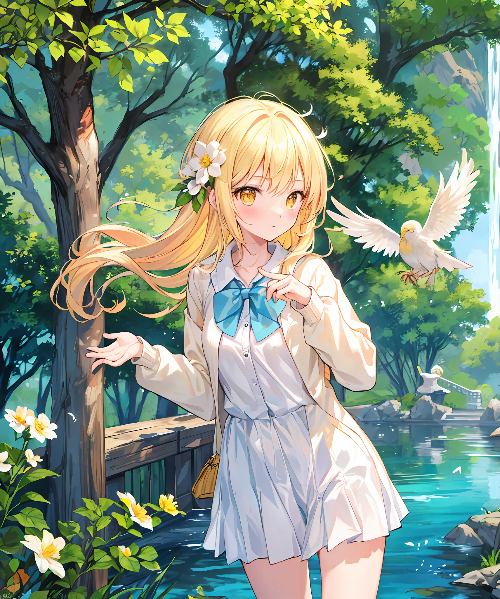 masterpiece, bust shot, looking viewer, cascade background, flying bird, white cardigan, long golden hair, yellow eyes, embarrassing face, blush, tree, lake, flower, thoroughbred