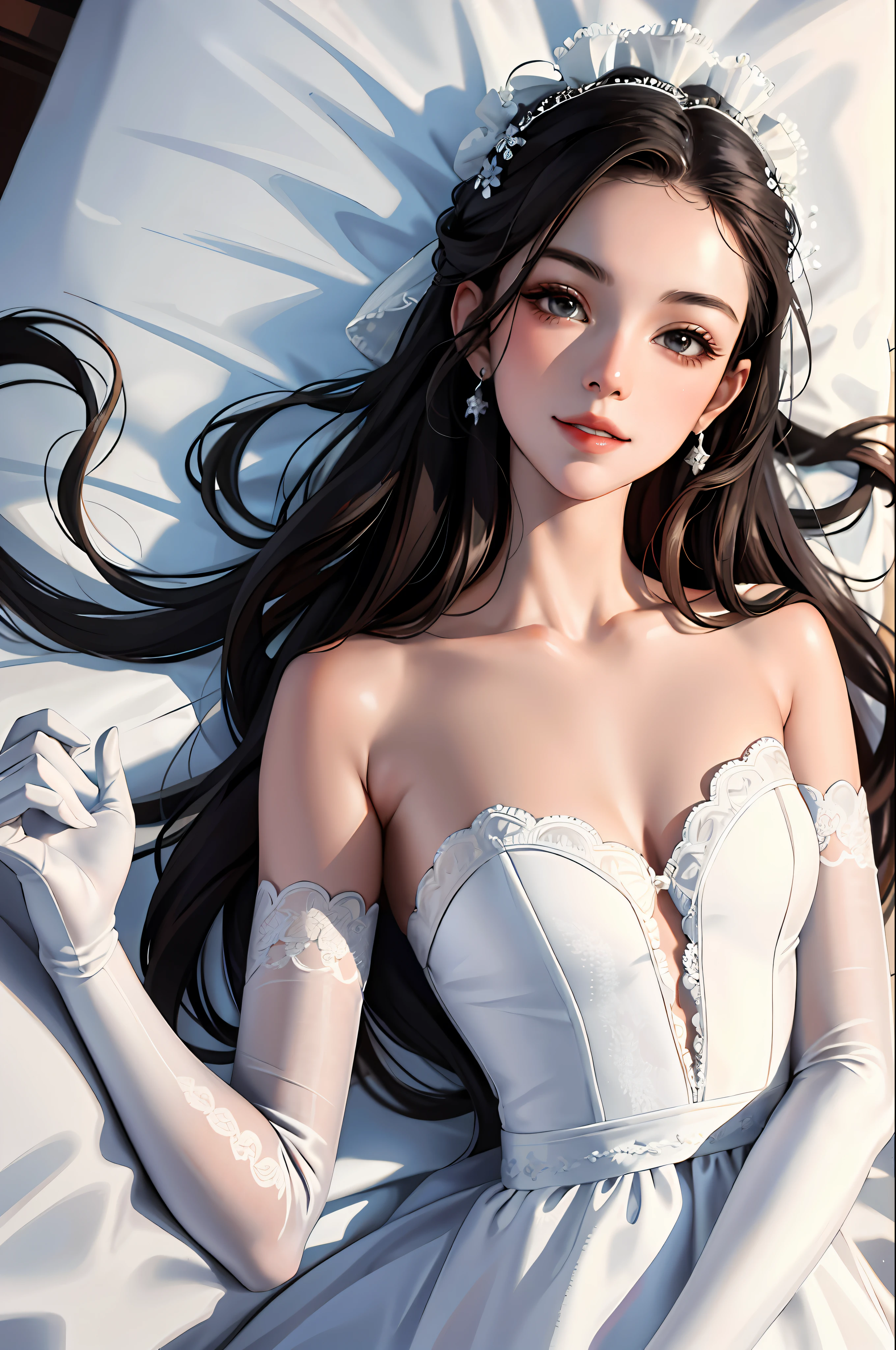(Masterpiece: 1.2, highest quality), (real photo, fine details), a woman, wearing a white wedding dress, alone, short gloves, upper body, casual, long hair, simple makeup, hands holding face, natural fabric, close-up, smile, family, lying on bed, looking at the camera, extreme close-up)