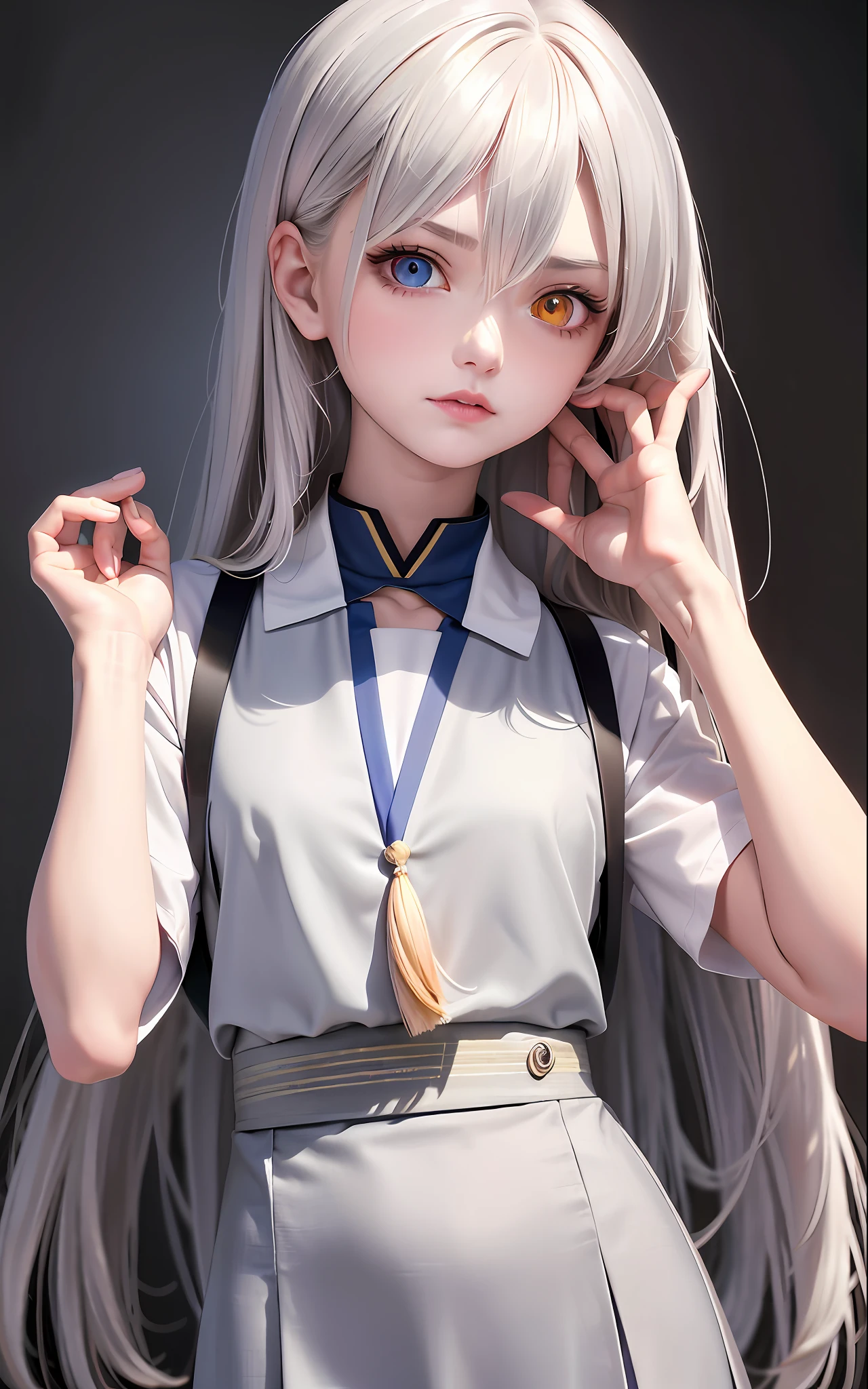 Superb and masterpiece, high resolution, best quality, UHD, super detail, award-winning, 16k, (upper body), a beautiful girl, gray hair, hair strands, ((heterochromia)), hanging eye corners, fair skin, (small breasts), (slender body), ((Japanese student uniform))), (neck strap)