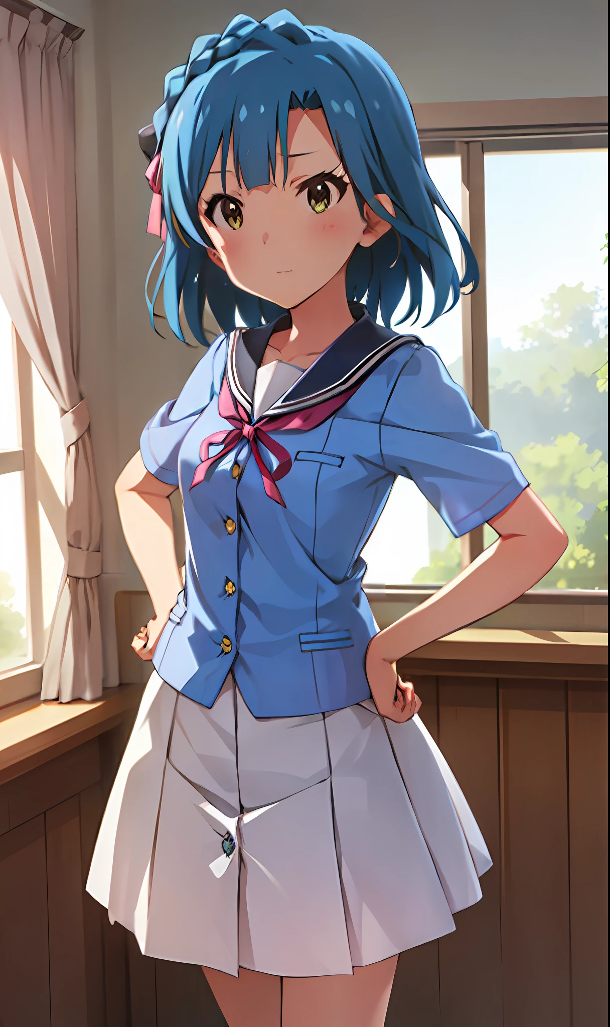 Yuriko Nanao (Million Live), (Top Quality, 8K, Masterpiece, Super Detail: 1.2), Cinematic Angle, Sun, Mottled Sunlight, Blue Sky, Beautiful Clouds, Cityscape, Lens Flare, Shine, Light Particles, Wide Shot, 1 Girl, Solo, Skirt, True Face, Watch Viewer, Sailor Color, Pleated Skirt, Short Sleeves, School Uniform, Blush, Serafuk, Clavicle, Ribbon, Upper Body, Adjusted Hair, Wind, Floating hair, hands on hips and chest out, looking straight ahead, looking at the camera.