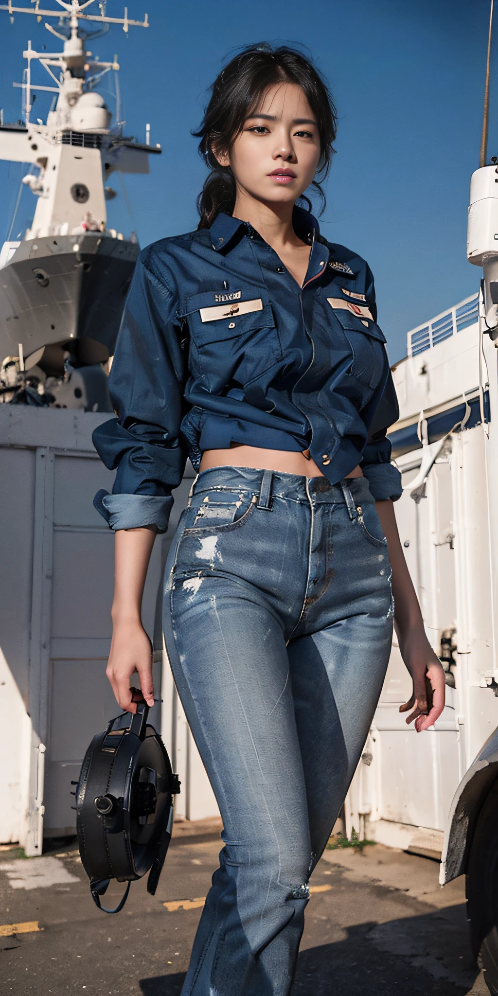 (a woman standing in front of a warship: 1.3), female navywoman, female soldier, tall, (wearing white military uniform: 1.3), (ultra-short jeans: 1.5), ((warship background: 1.2) (army equipment)), ready for battle, wearing tactical equipment, female soldier, beautiful female soldier, (correct fingers), (Hasselblad photography) (film lighting))