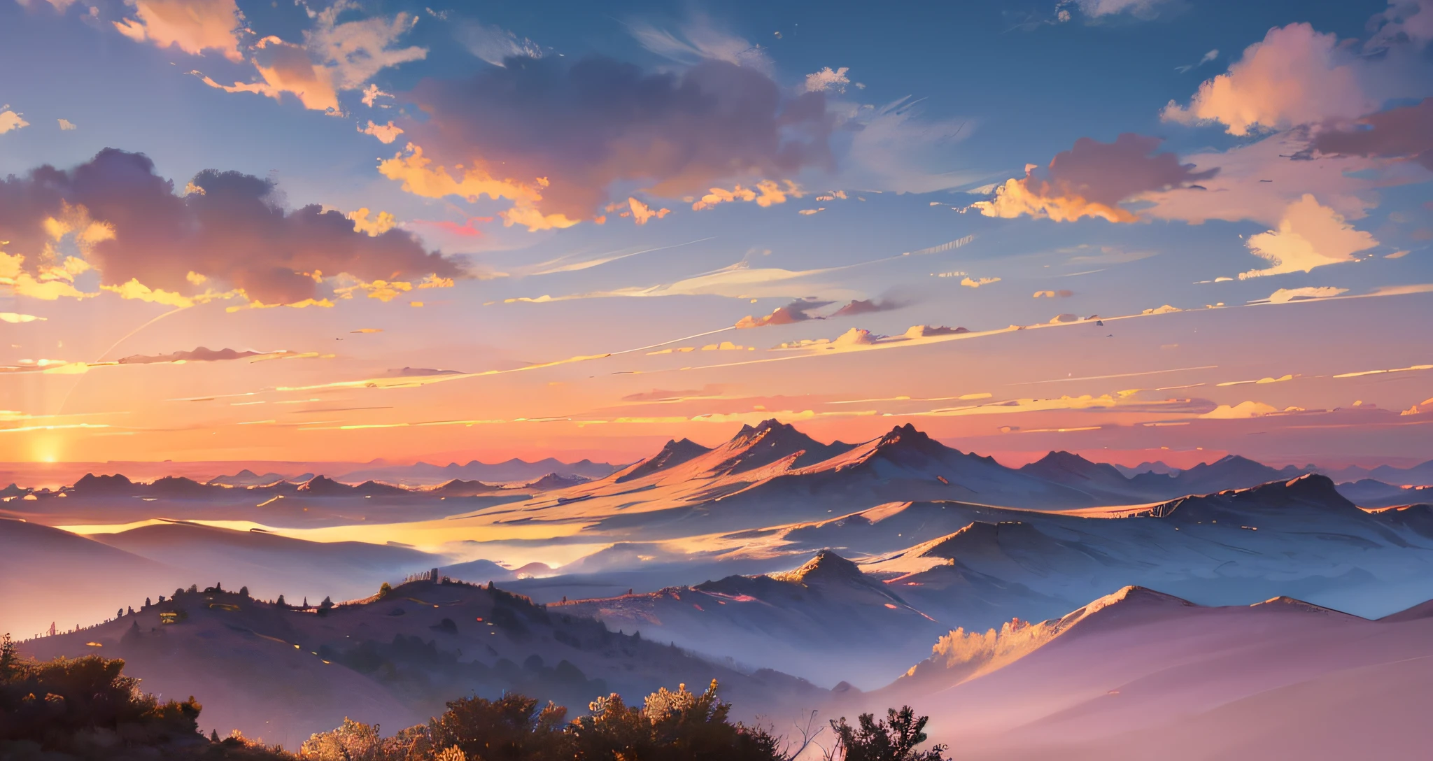 "landscape, awe-inspiring scenery with golden and pink hues, heavenly, breathtaking view of clouds and mountains in the distance, tranquil atmosphere and soft light, natural wonder and peaceful serenity." --auto --s2