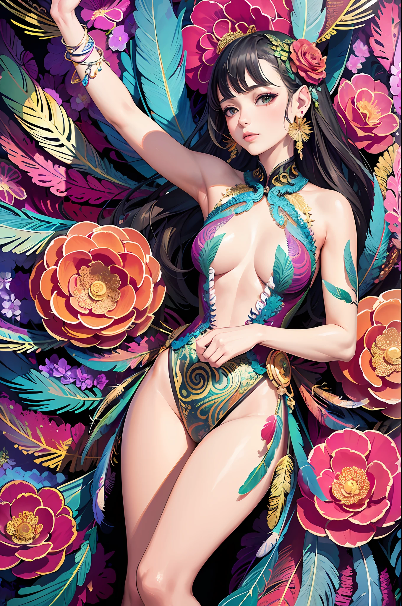 (masterpiece, top quality, best quality, official art, beautiful and aesthetic:1.2), (1girl:1.3), extremely detailed,(fractal art:1.1),(colorful:1.1)(flowers:1.3),highest detailed,(zentangle:1.2), (dynamic pose), (abstract background:1.3), (shiny skin), (many colors:1.4), ,(earrings:1.4), (feathers:1.4)