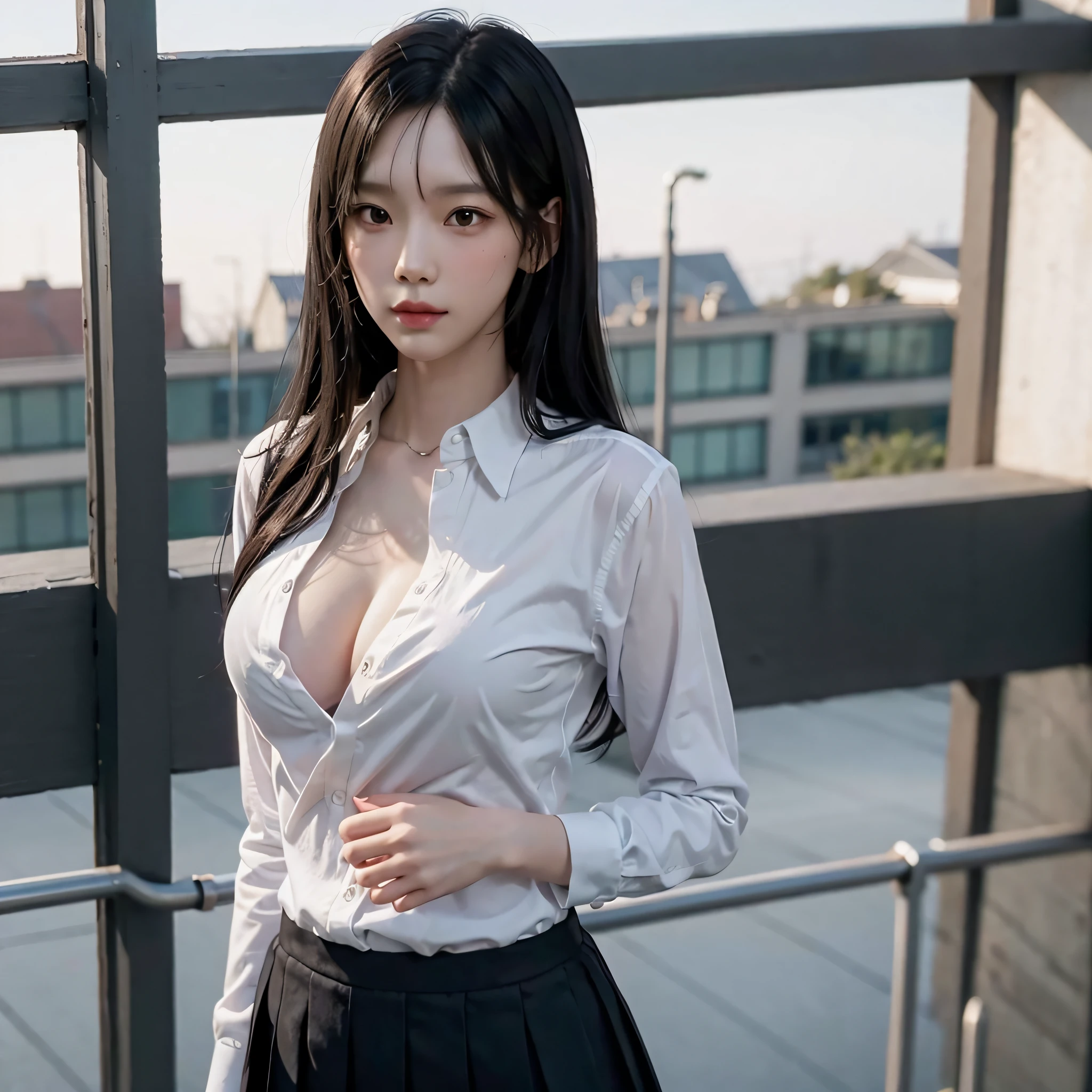 solo, school girl in class, school uniform, slender abs, highly detailed face and skin texture, detailed eyes, large breast, sensual, black hair, wavy hair, cinematic lighting, depth of field, silhouette, reflection light, ray tracing, bokeh, Canon, cowboy shot, 8k, award winning, best quality, super detail, anatomically correct, masterpiece, UHD