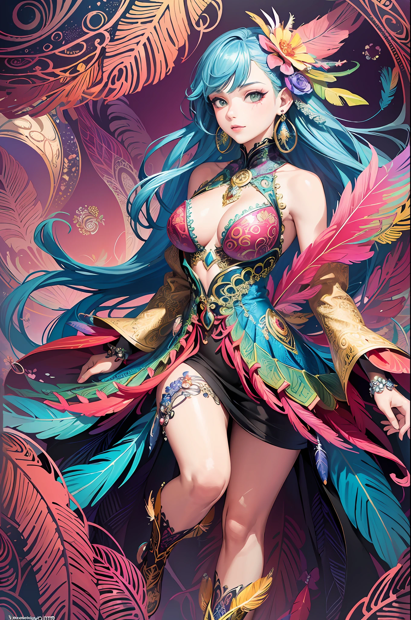 (masterpiece, top quality, best quality, official art, beautiful and aesthetic:1.2), (1girl:1.3), extremely detailed,(fractal art:1.1),(colorful:1.1)(flowers:1.3),highest detailed,(zentangle:1.2), (dynamic pose), (abstract background:1.3), (shiny skin), (many colors:1.4), ,(earrings:1.4), (feathers:1.4)
