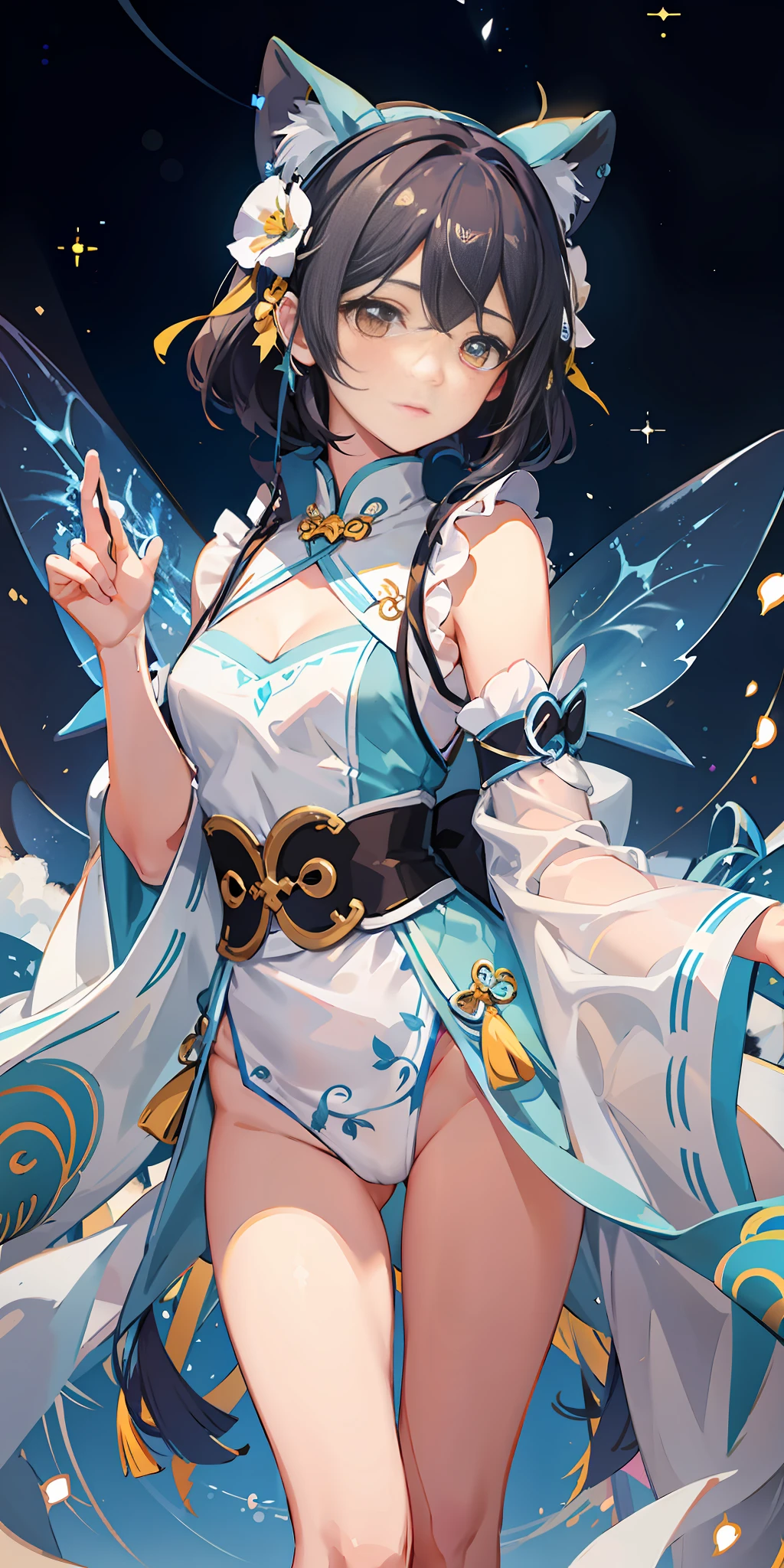 Image quality label: HD, clear details
Painting style tags: aesthetic, literary art
Subject: Luo Tianyi
Character description: short black hair, light makeup, bright eyes, thong, like a fairy
Scene: Night sky, twinkling starry sky, clouds
Color: warm tone, yellow light and shadow
Lens: Looking at the sky, far from the ground, with the starry sky as the background, Luo Tianyi stands on the clouds to enjoy tranquility