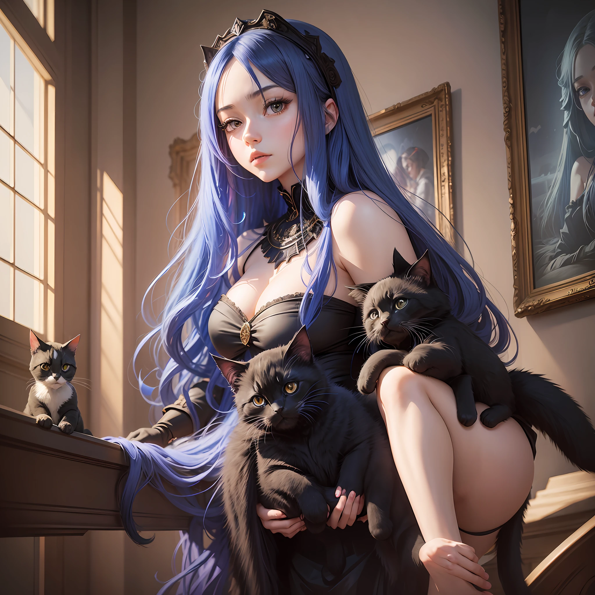 Inside a museum of modern art. A beautiful girl with super long blue hair is watching while holding a black kitten. Top quality, masterpiece, ultra-high definition, in anime style. --auto --s2